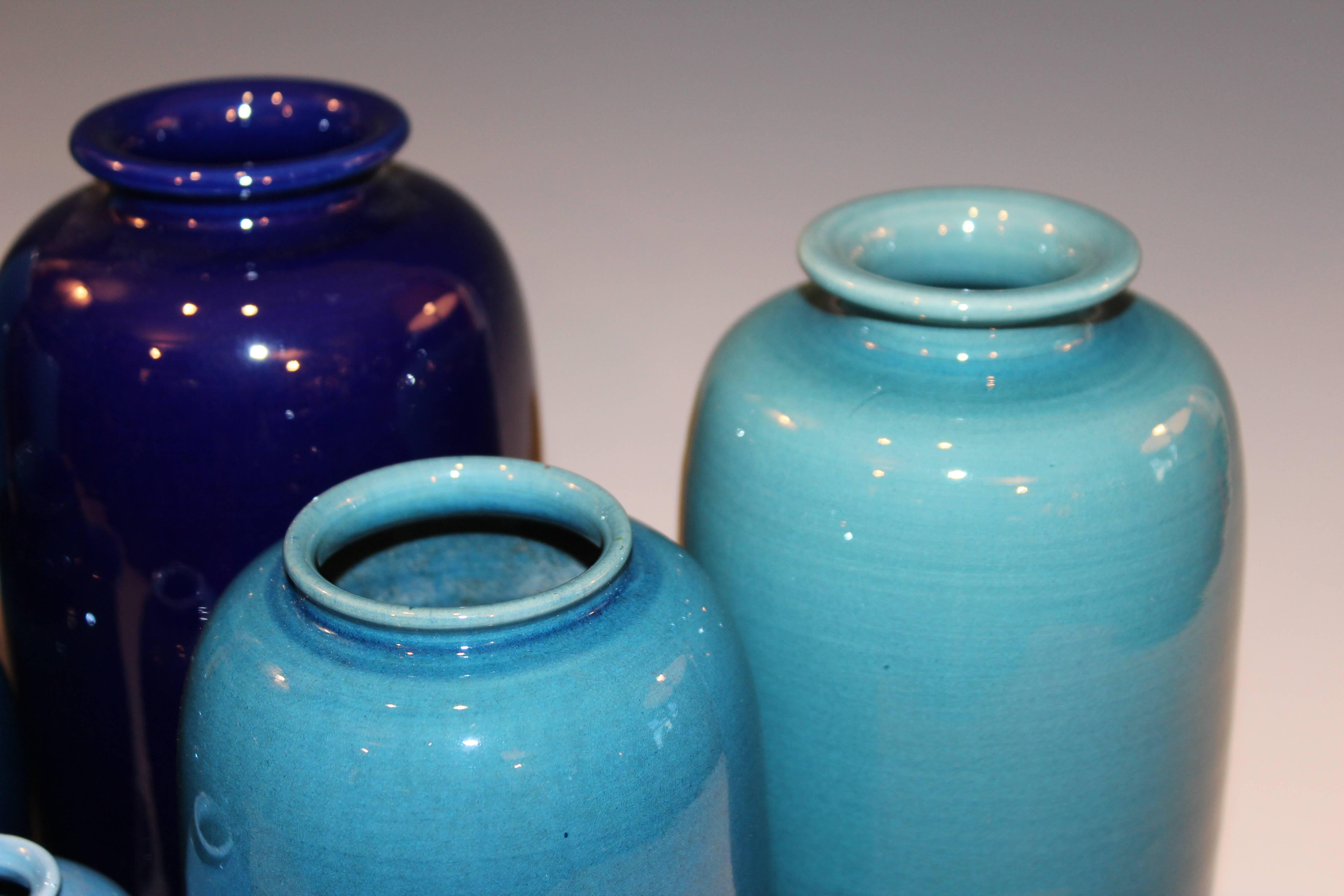 Turned Set of Antique and Vintage Awaji Studio Pottery Vases Jars Shades of Blue