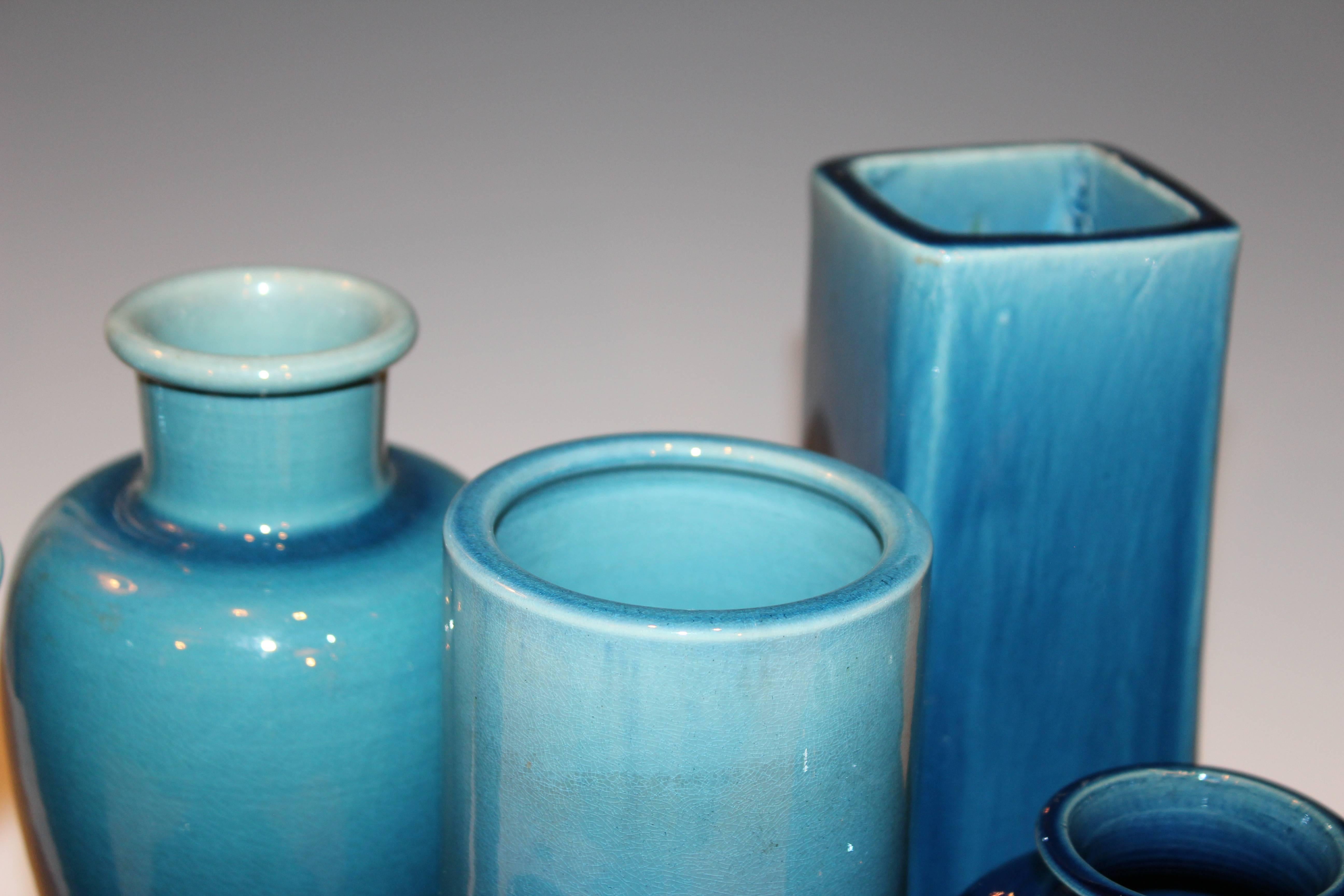 Set of Antique and Vintage Awaji Studio Pottery Vases Jars Shades of Blue In Good Condition In Wilton, CT