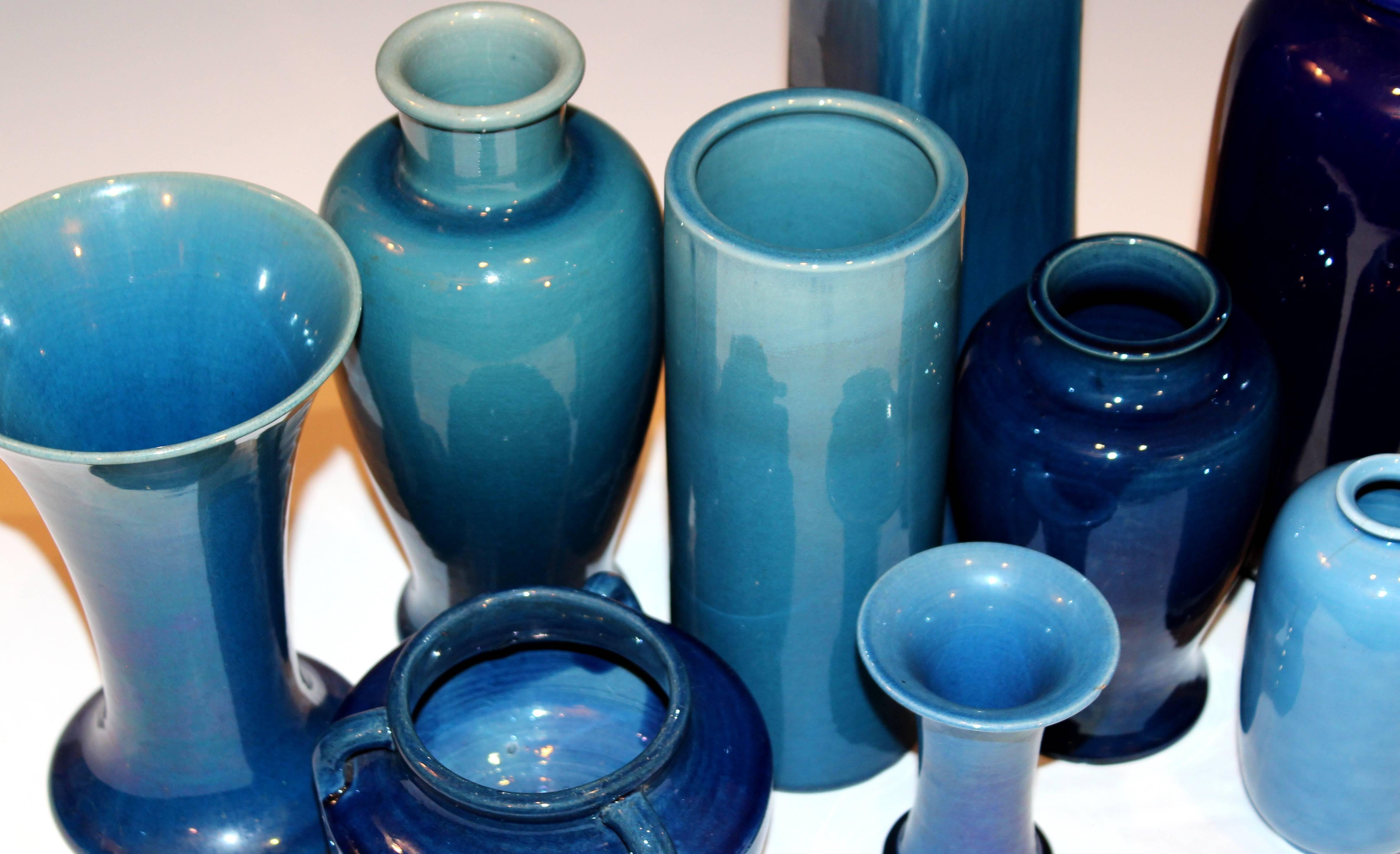 Early 20th Century Set of Antique and Vintage Awaji Studio Pottery Vases Jars Shades of Blue