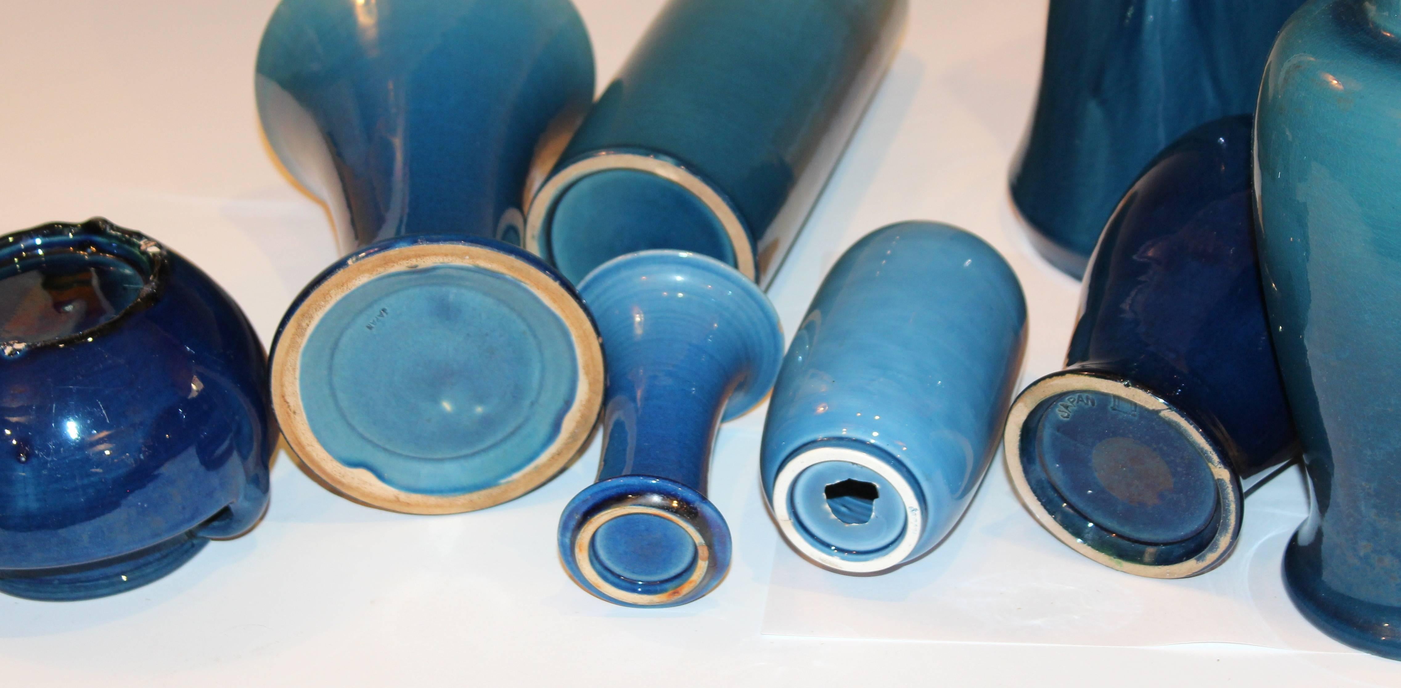 Set of Antique and Vintage Awaji Studio Pottery Vases Jars Shades of Blue 1