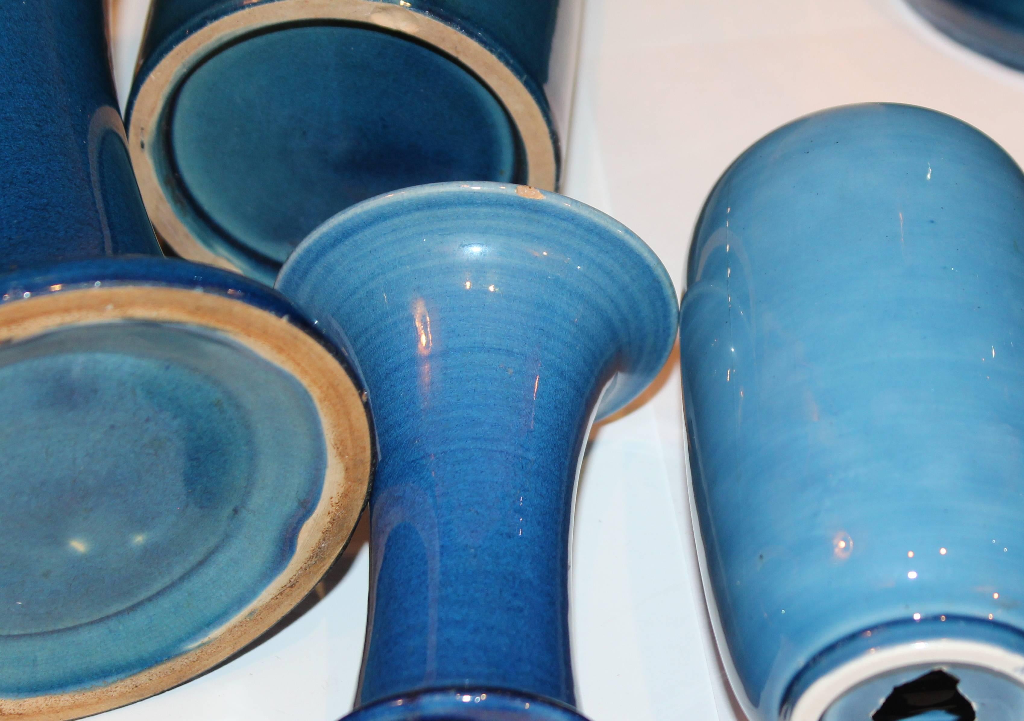 Set of Antique and Vintage Awaji Studio Pottery Vases Jars Shades of Blue 2