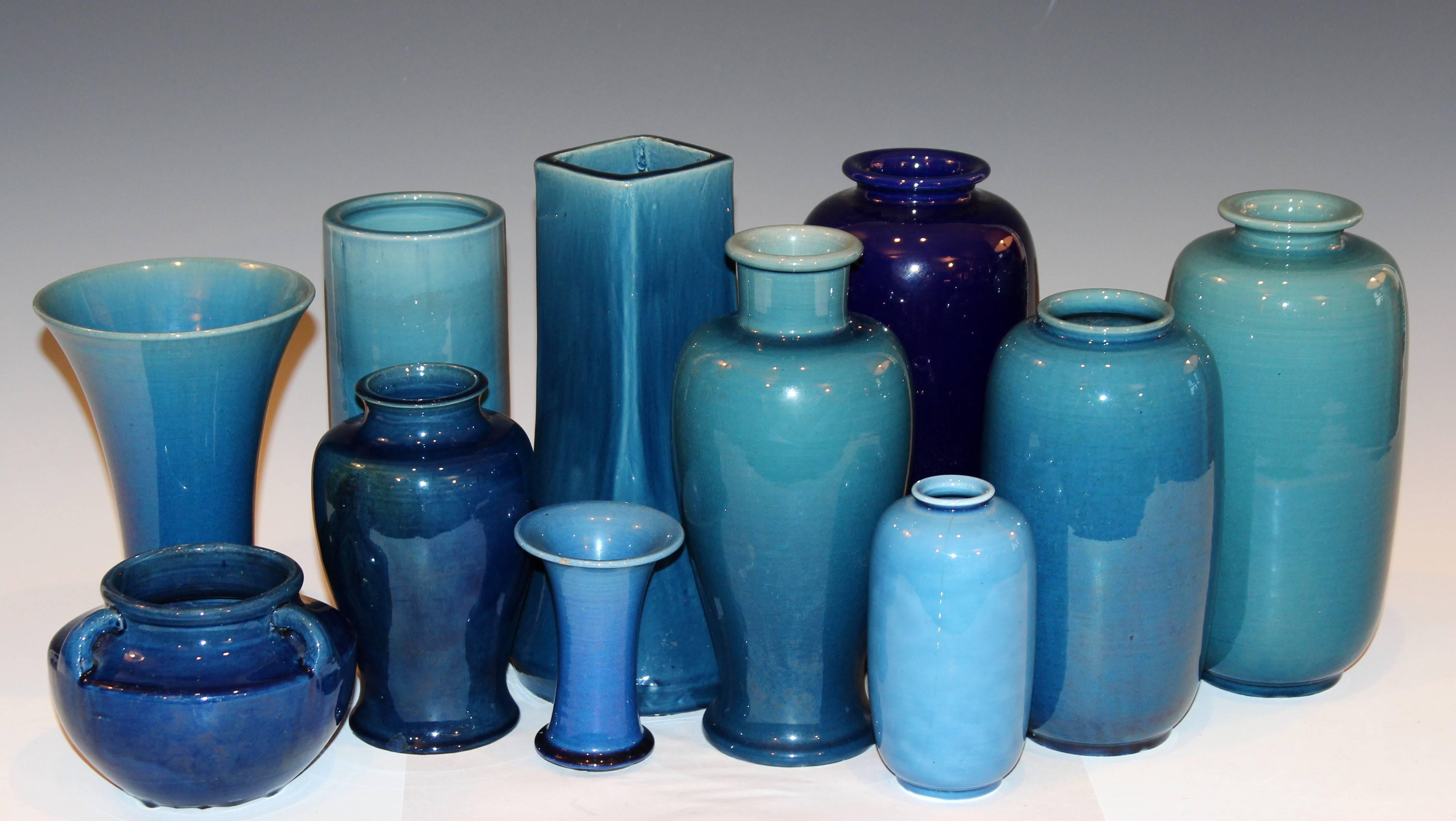 Set of Antique and Vintage Awaji Studio Pottery Vases Jars Shades of Blue 3