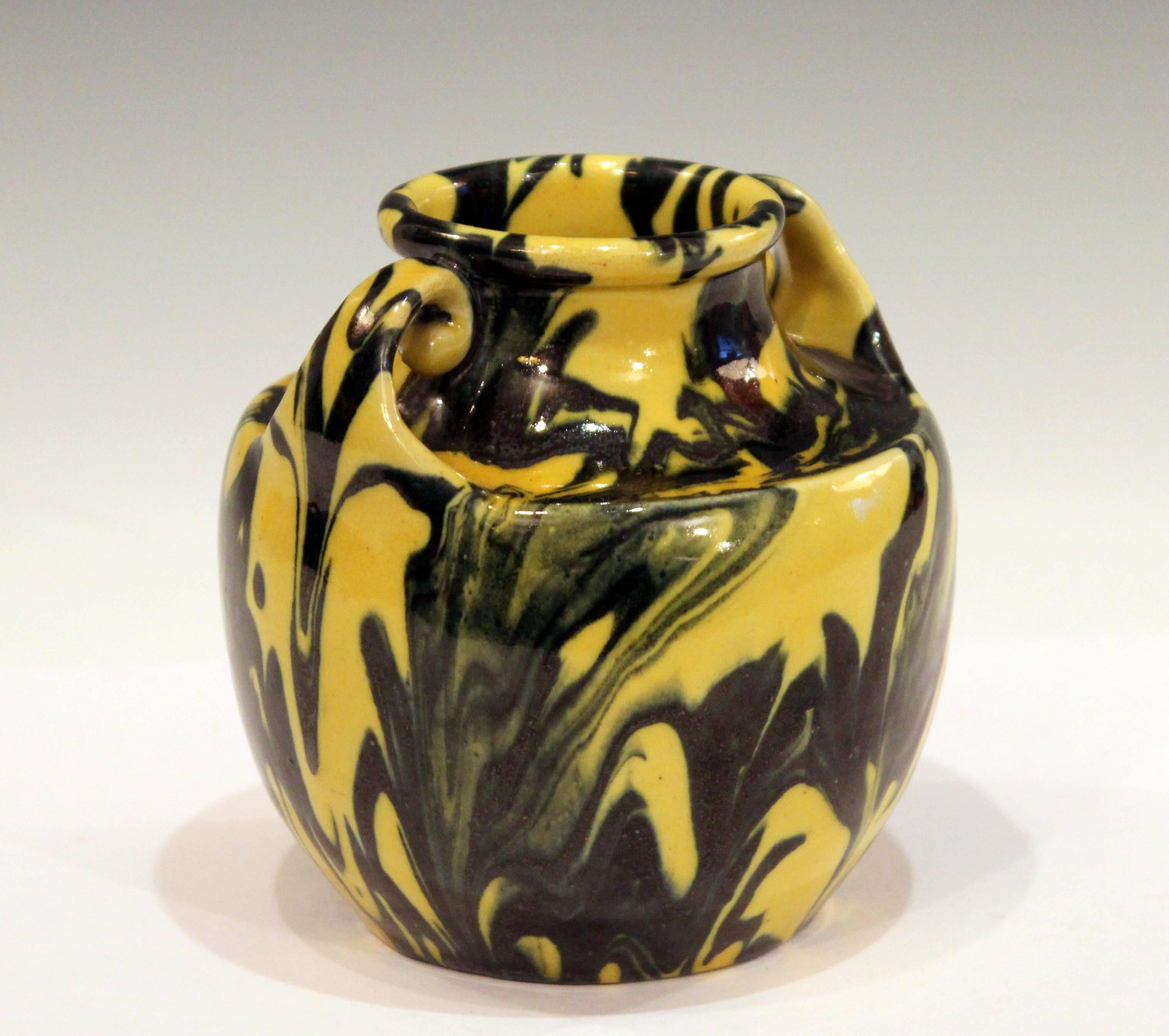 Turned Awaji Pottery Art Deco Studio Japanese Marbled Metallic Yellow and Black Vase