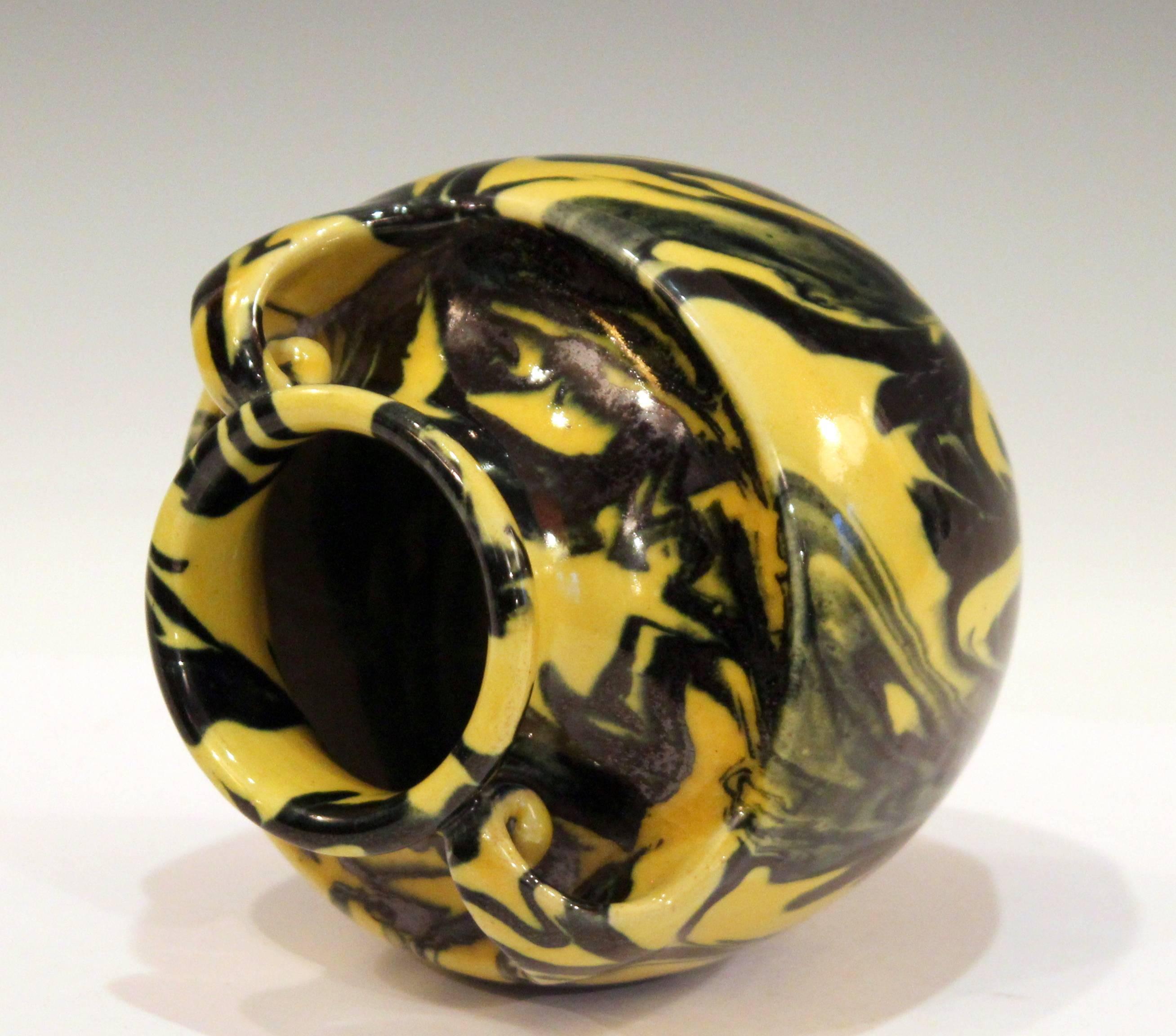 Awaji Pottery Art Deco Studio Japanese Marbled Metallic Yellow and Black Vase In Excellent Condition In Wilton, CT