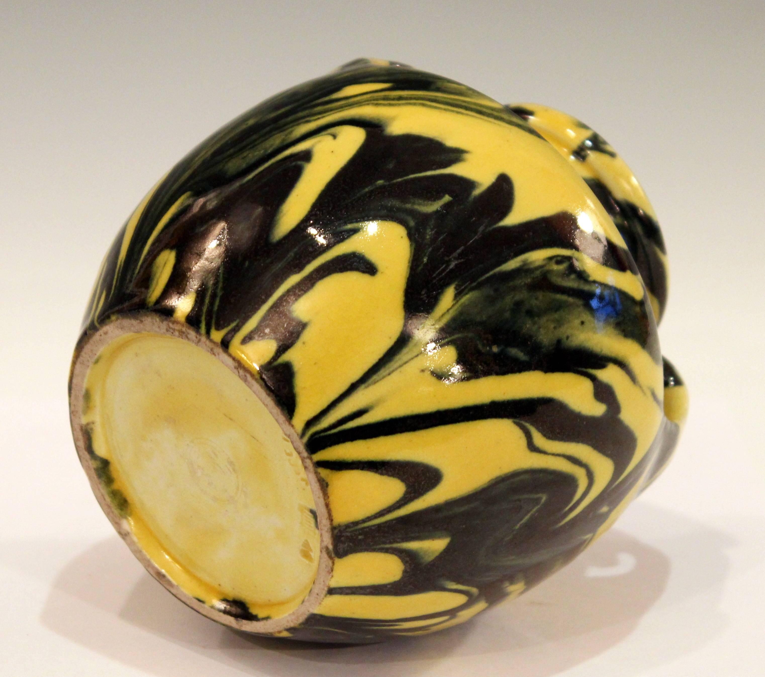 Mid-20th Century Awaji Pottery Art Deco Studio Japanese Marbled Metallic Yellow and Black Vase