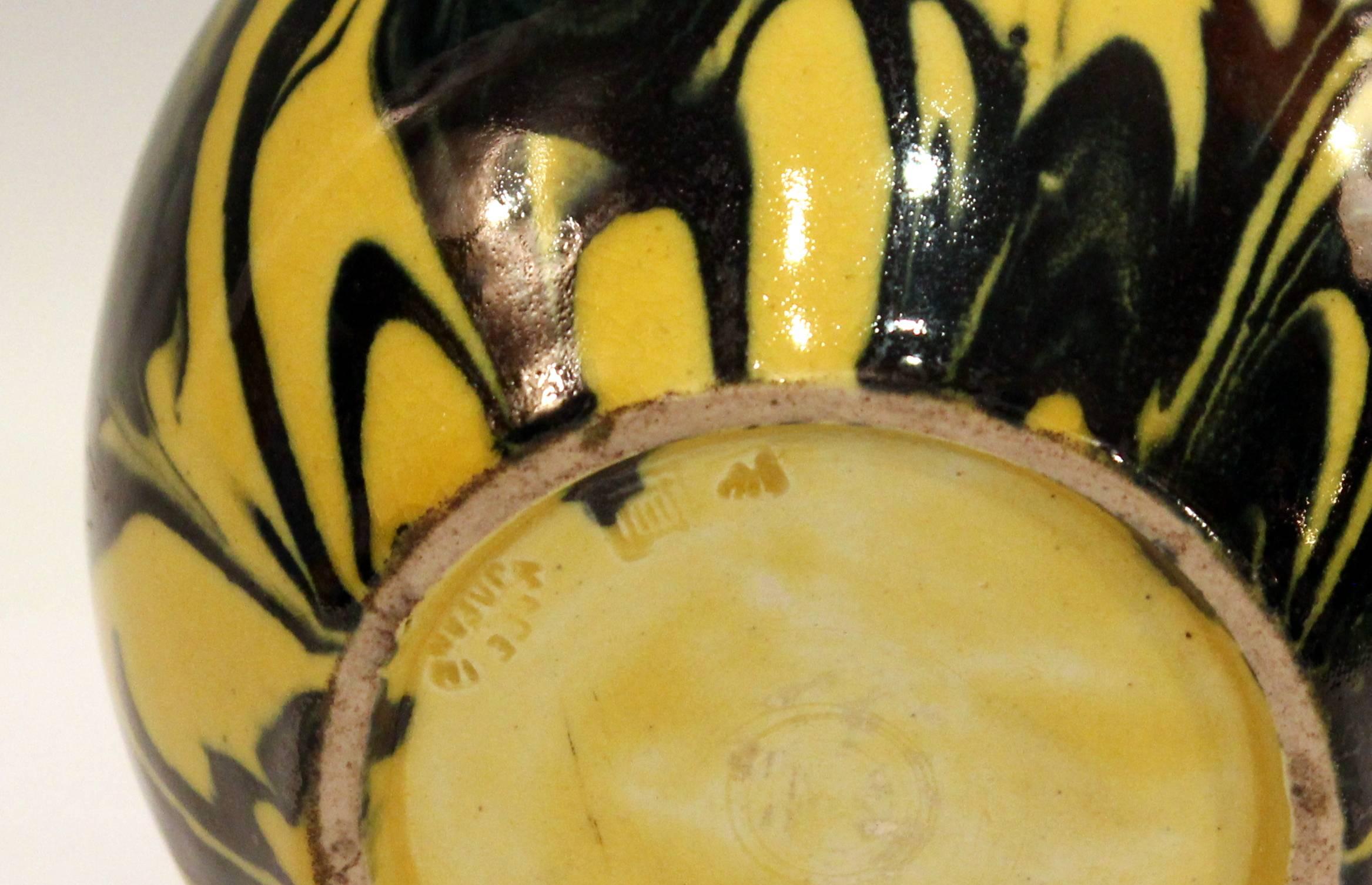 Awaji Pottery Art Deco Studio Japanese Marbled Metallic Yellow and Black Vase 1