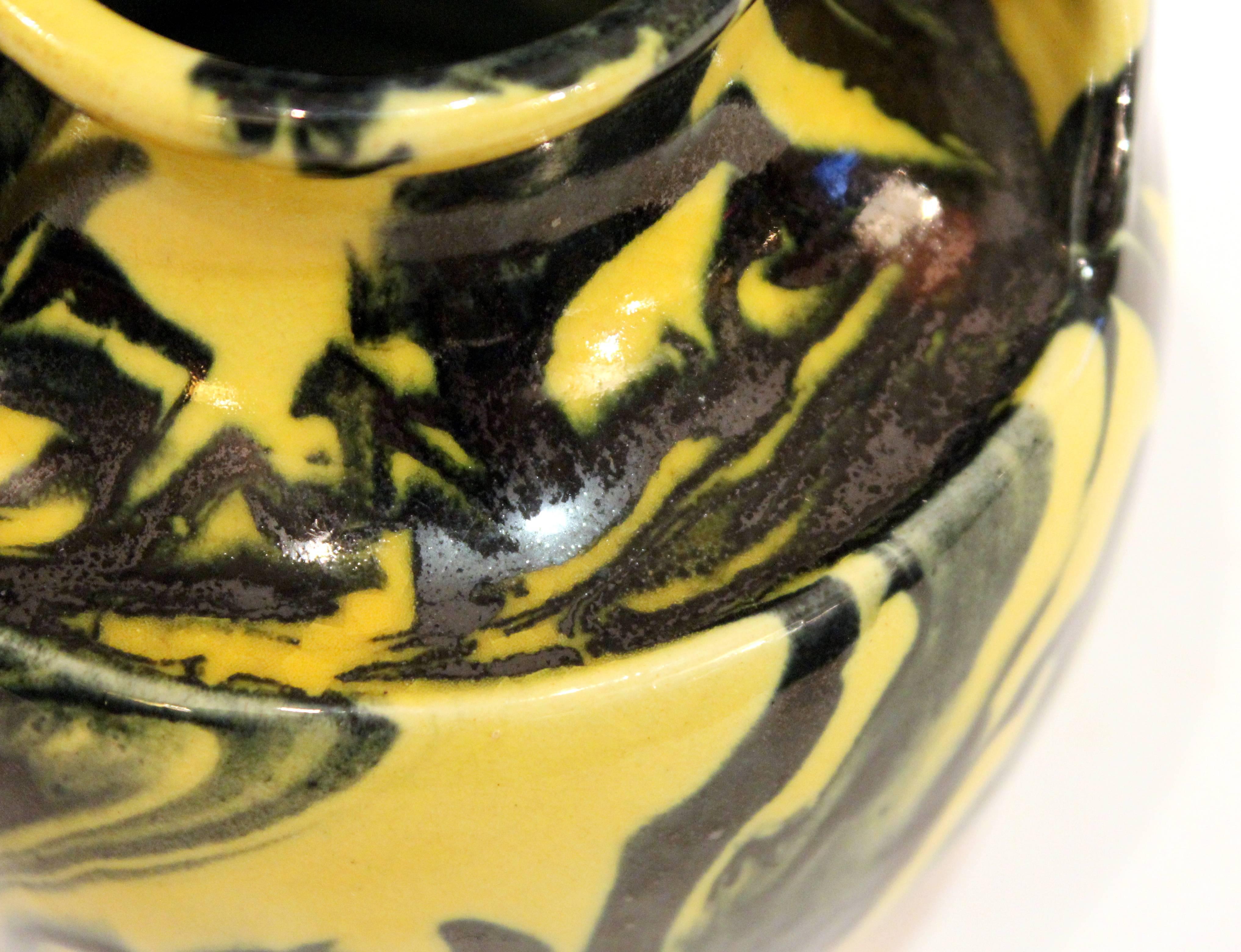 Awaji Pottery Art Deco Studio Japanese Marbled Metallic Yellow and Black Vase 2
