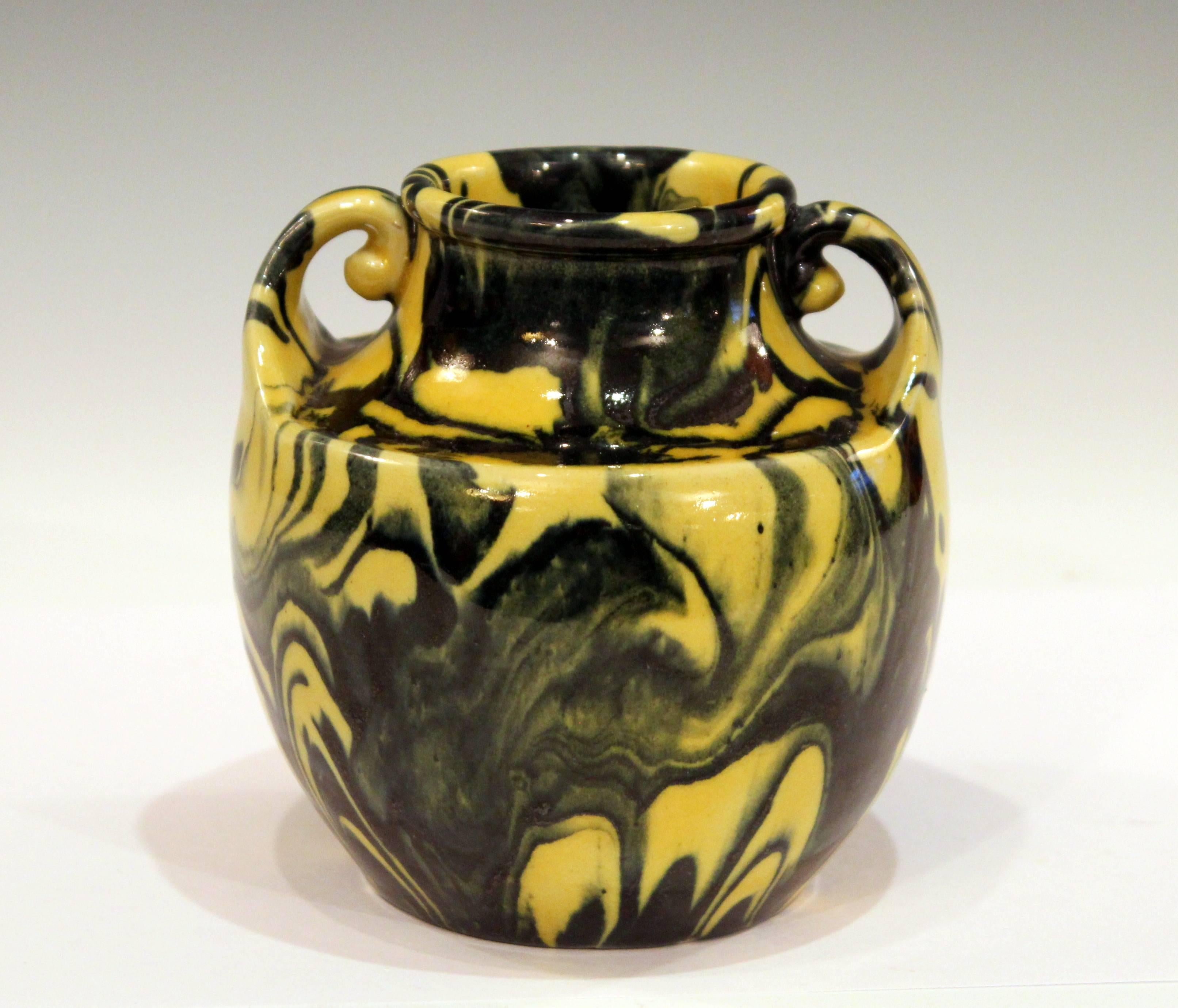 Awaji Pottery Art Deco Studio Japanese Marbled Metallic Yellow and Black Vase 3