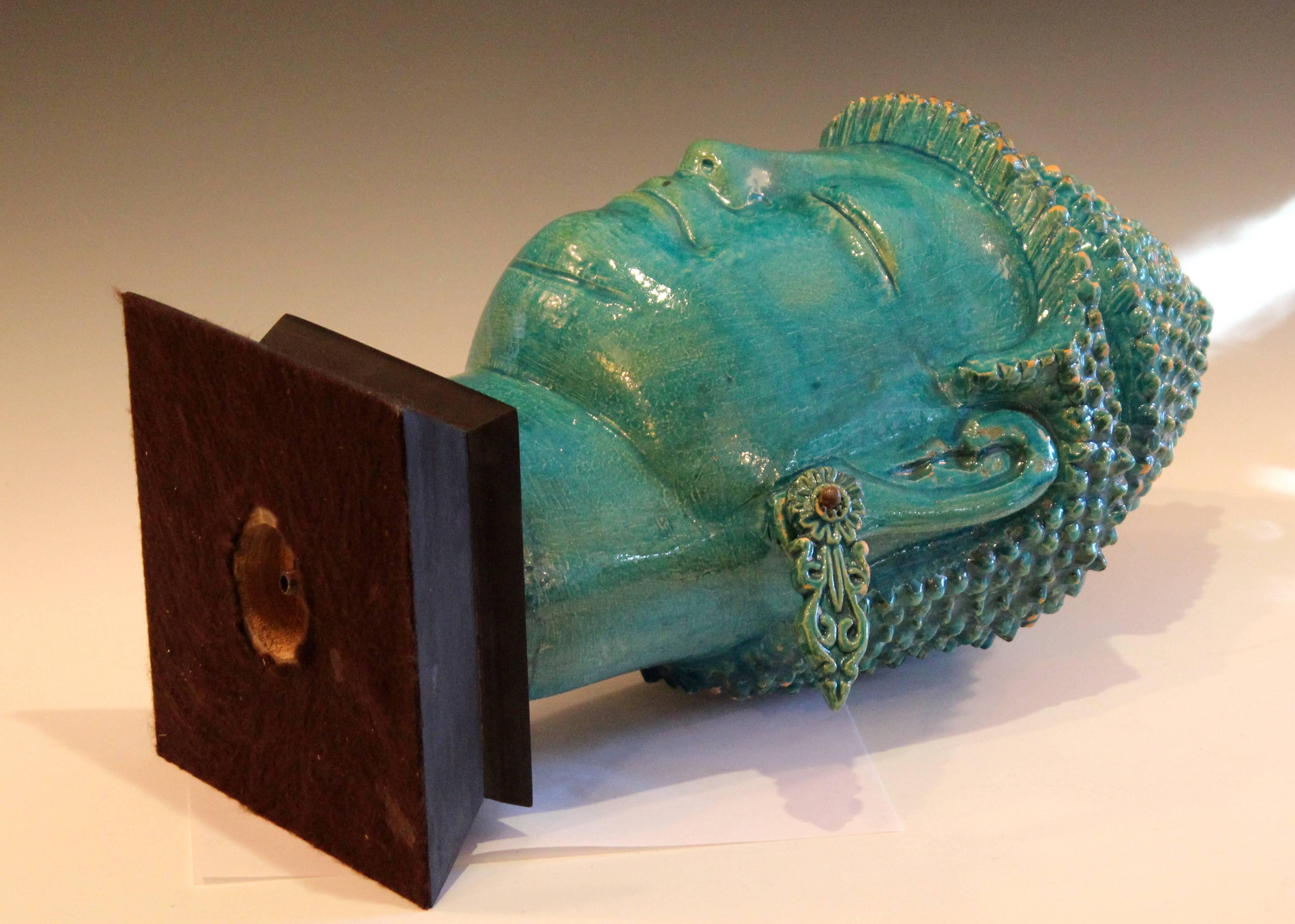 Molded Vintage Italian Raymor Zaccagnini Pottery Large Buddha Head Turquoise Crackle