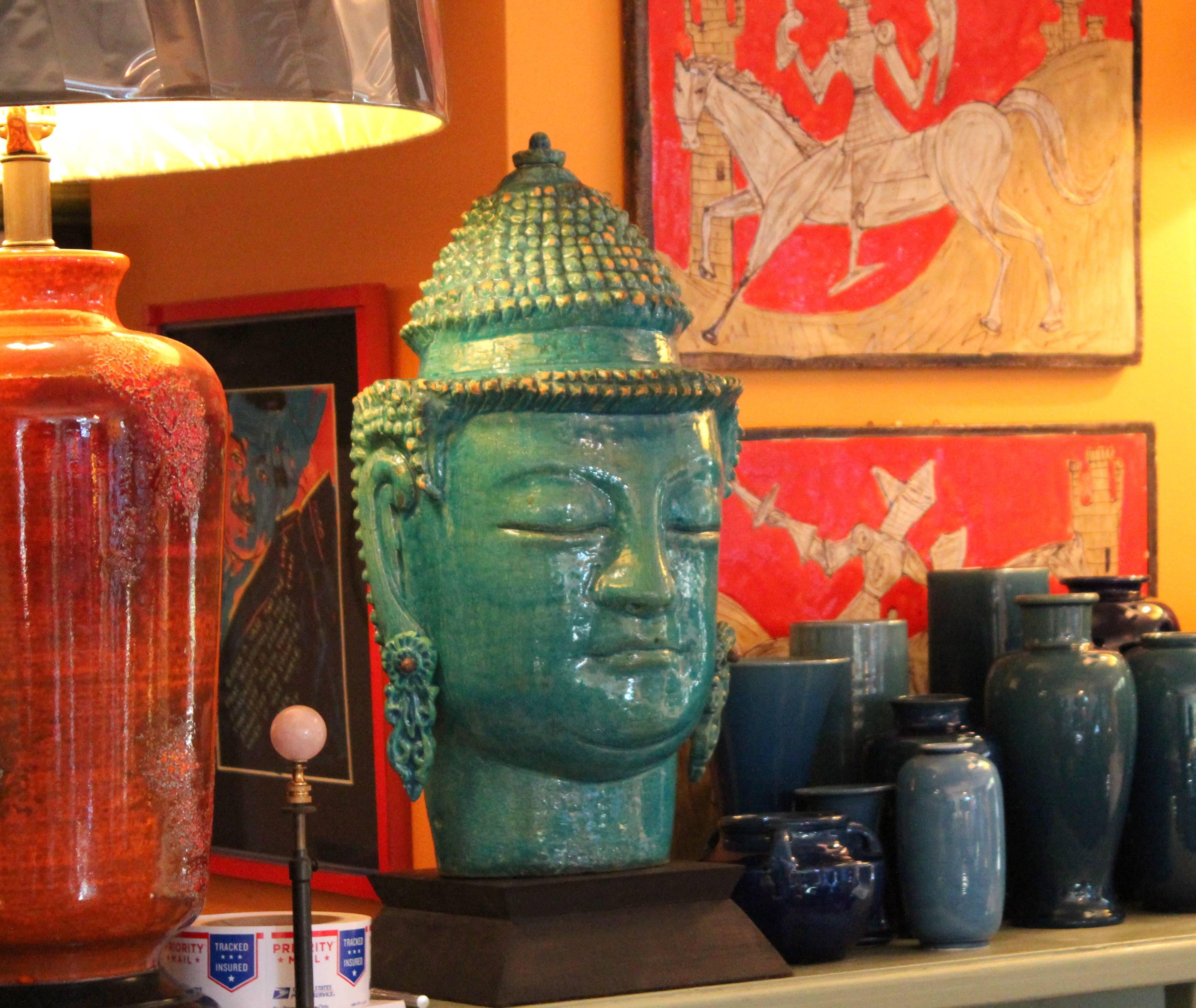 Vintage Italian Raymor Zaccagnini Pottery Large Buddha Head Turquoise Crackle 4