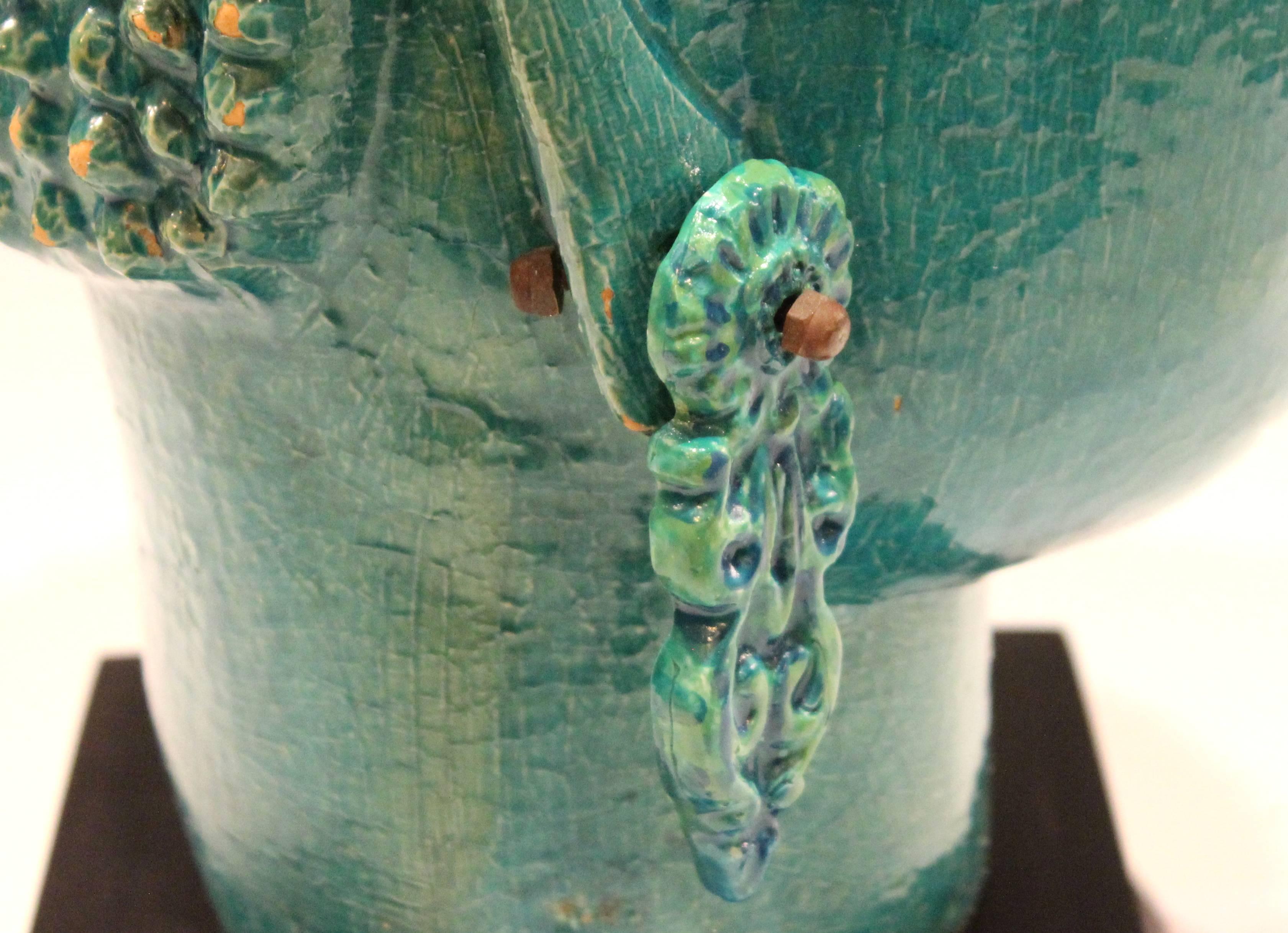 Vintage Italian Raymor Zaccagnini Pottery Large Buddha Head Turquoise Crackle 1