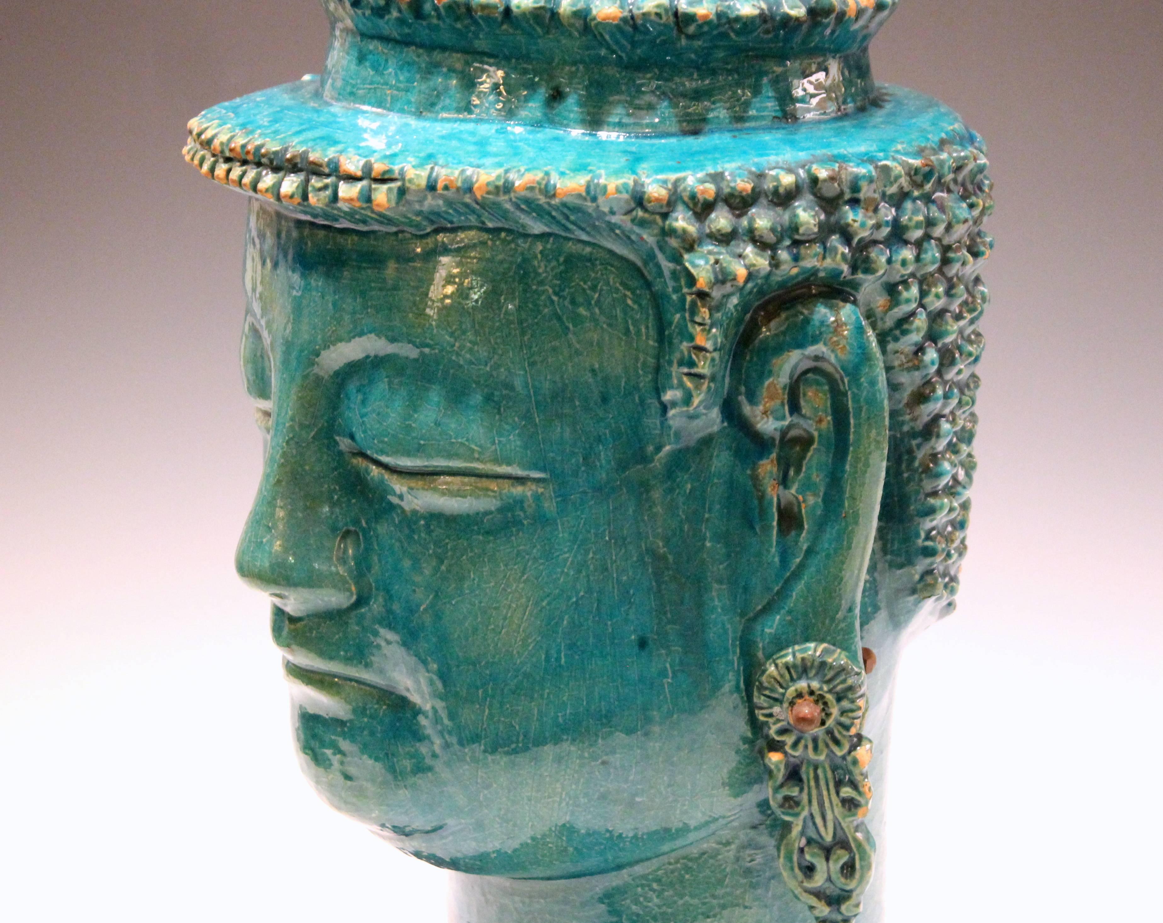 Vintage Italian Raymor Zaccagnini Pottery Large Buddha Head Turquoise Crackle 2