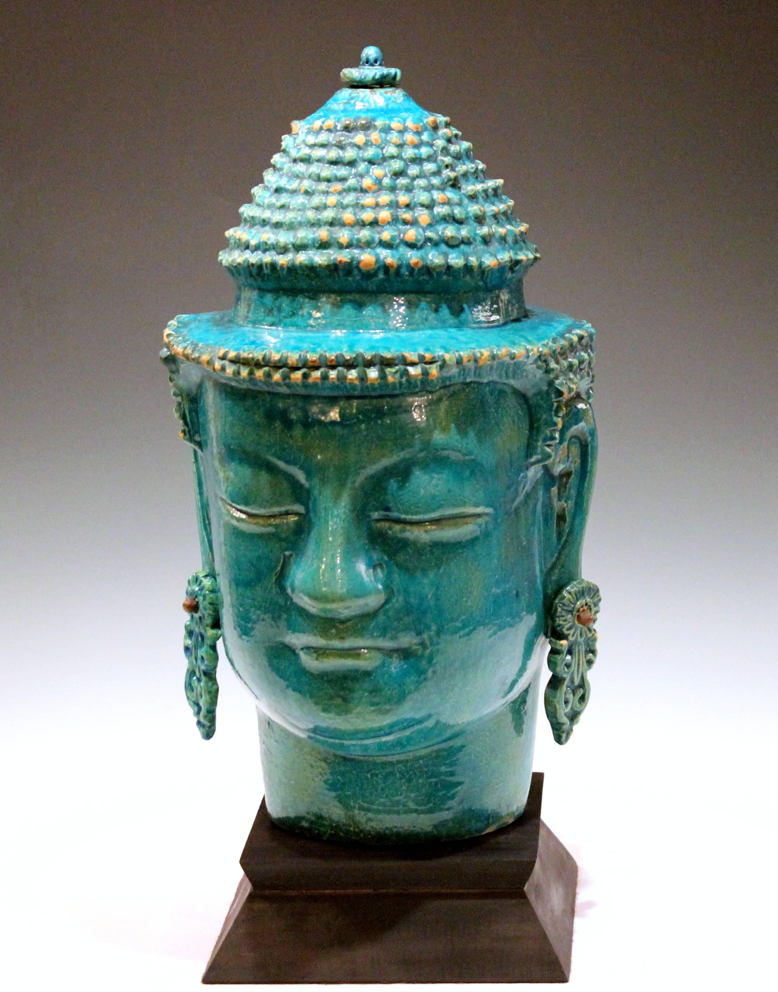 Vintage Italian Raymor Zaccagnini Pottery Large Buddha Head Turquoise Crackle 3