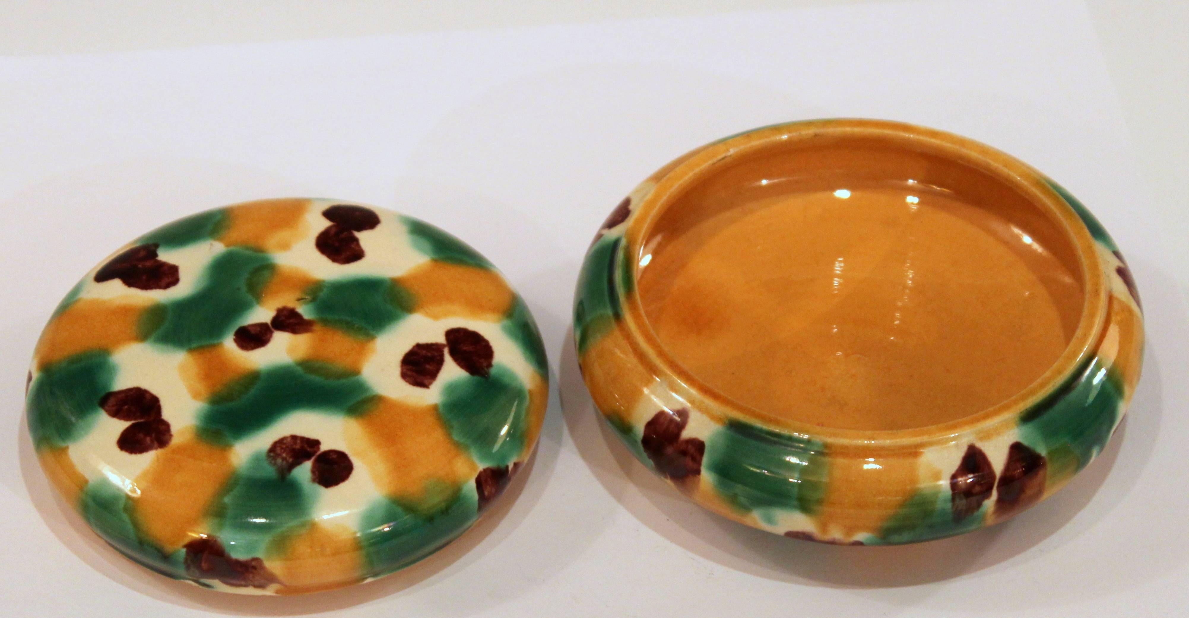Turned Antique Awaji Pottery Sancai, Three Color Glaze Japanese Covered Jar For Sale