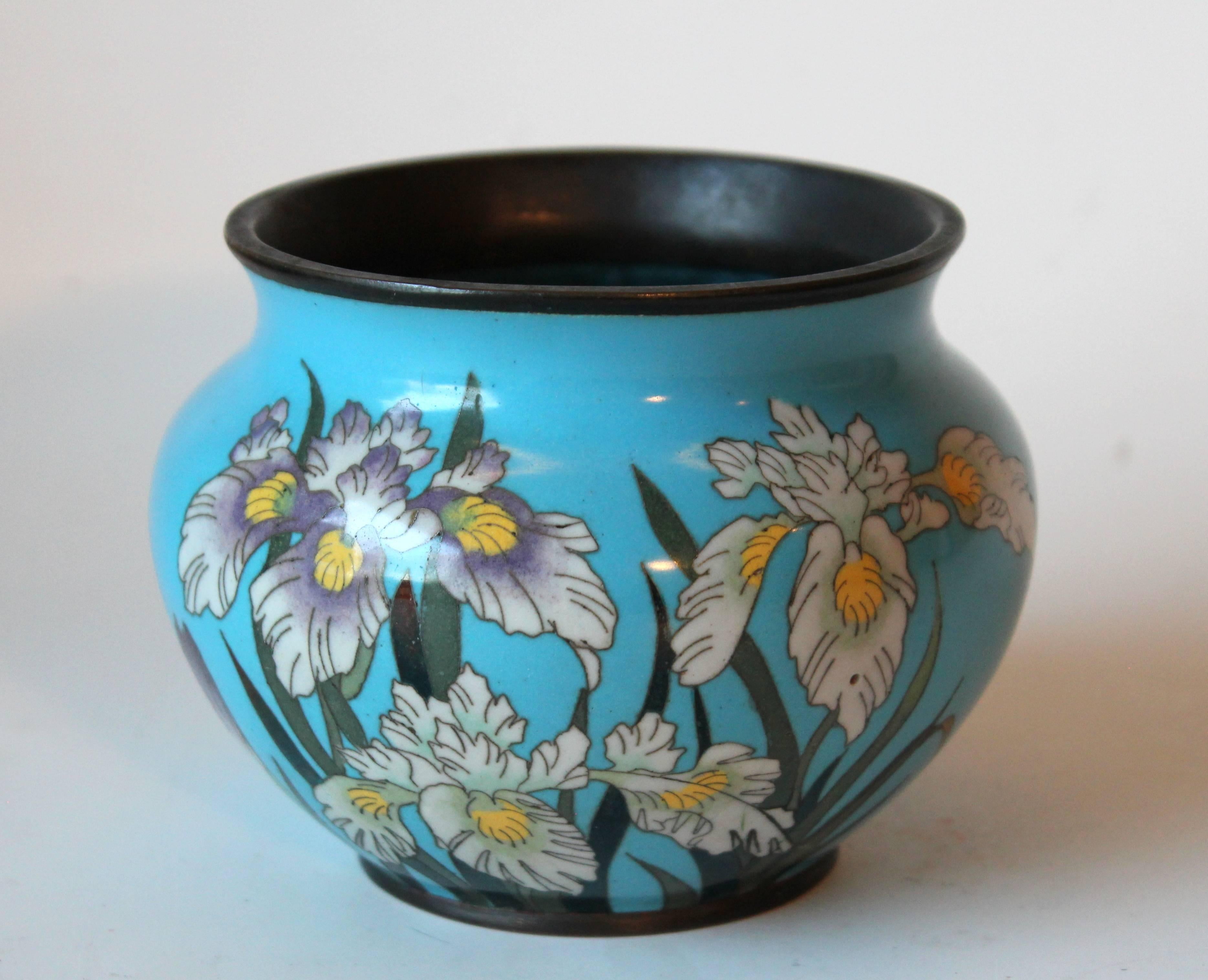 Antique Fine Cloisonne Old Japanese Enamel Copper Crane Irises Meiji Vase Jar 5