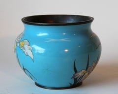 Antique Fine Cloisonne Old Japanese Enamel Copper Crane Irises Meiji Vase Jar