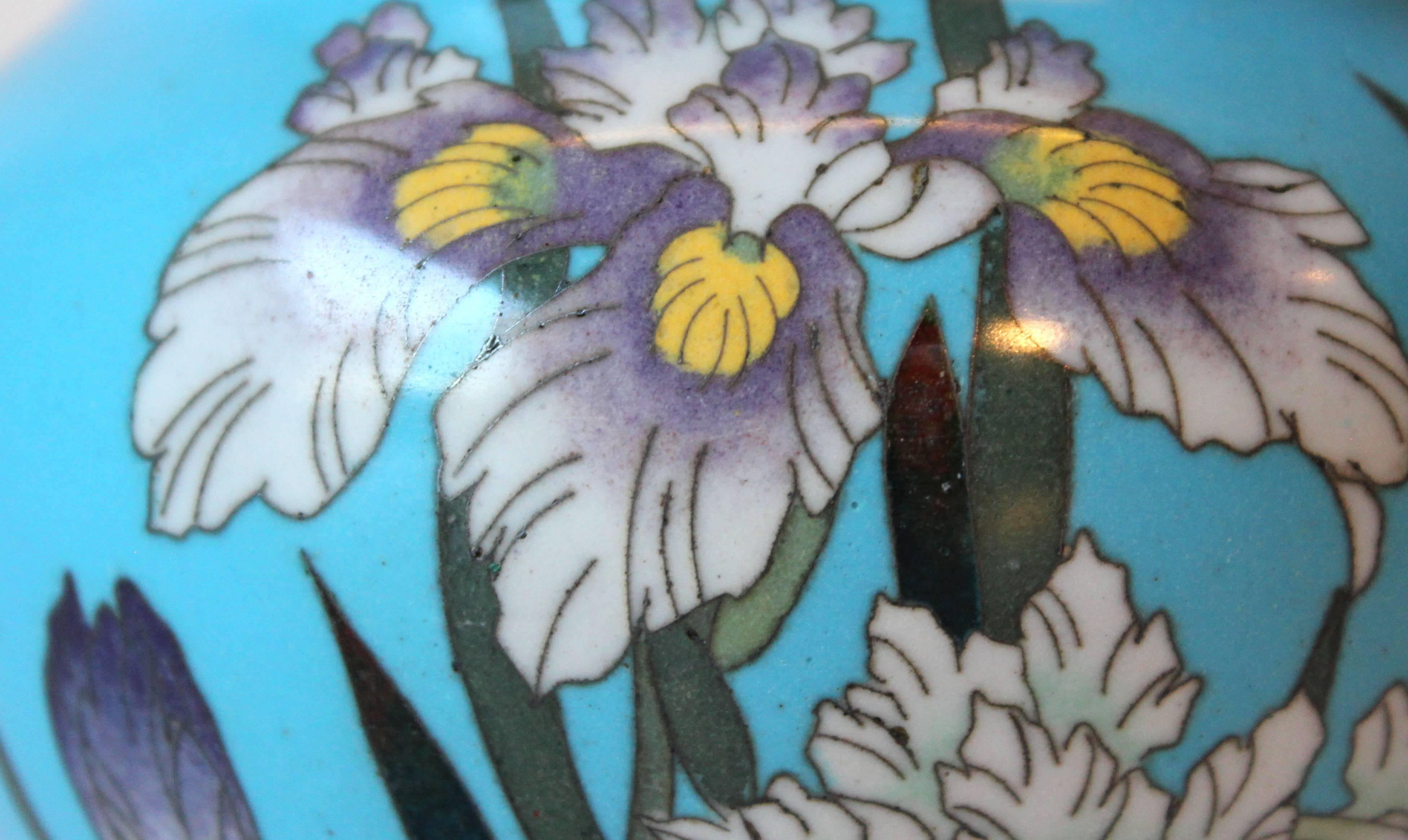Antique Fine Cloisonne Old Japanese Enamel Copper Crane Irises Meiji Vase Jar 3
