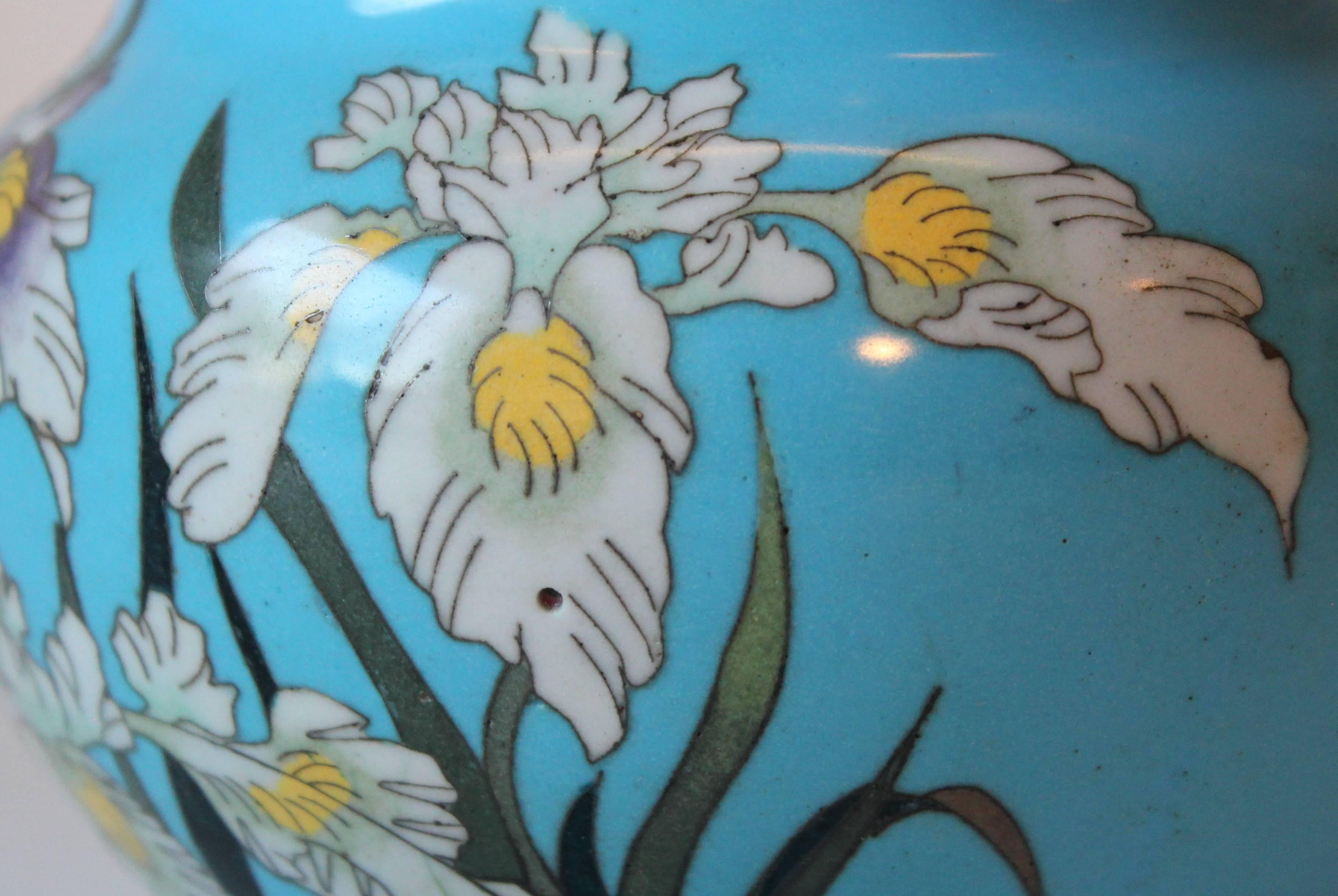 Antique Fine Cloisonne Old Japanese Enamel Copper Crane Irises Meiji Vase Jar 4