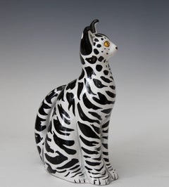 1960s Italian Black White Art Pottery Majolica Cat Figure Mancioli Raymor