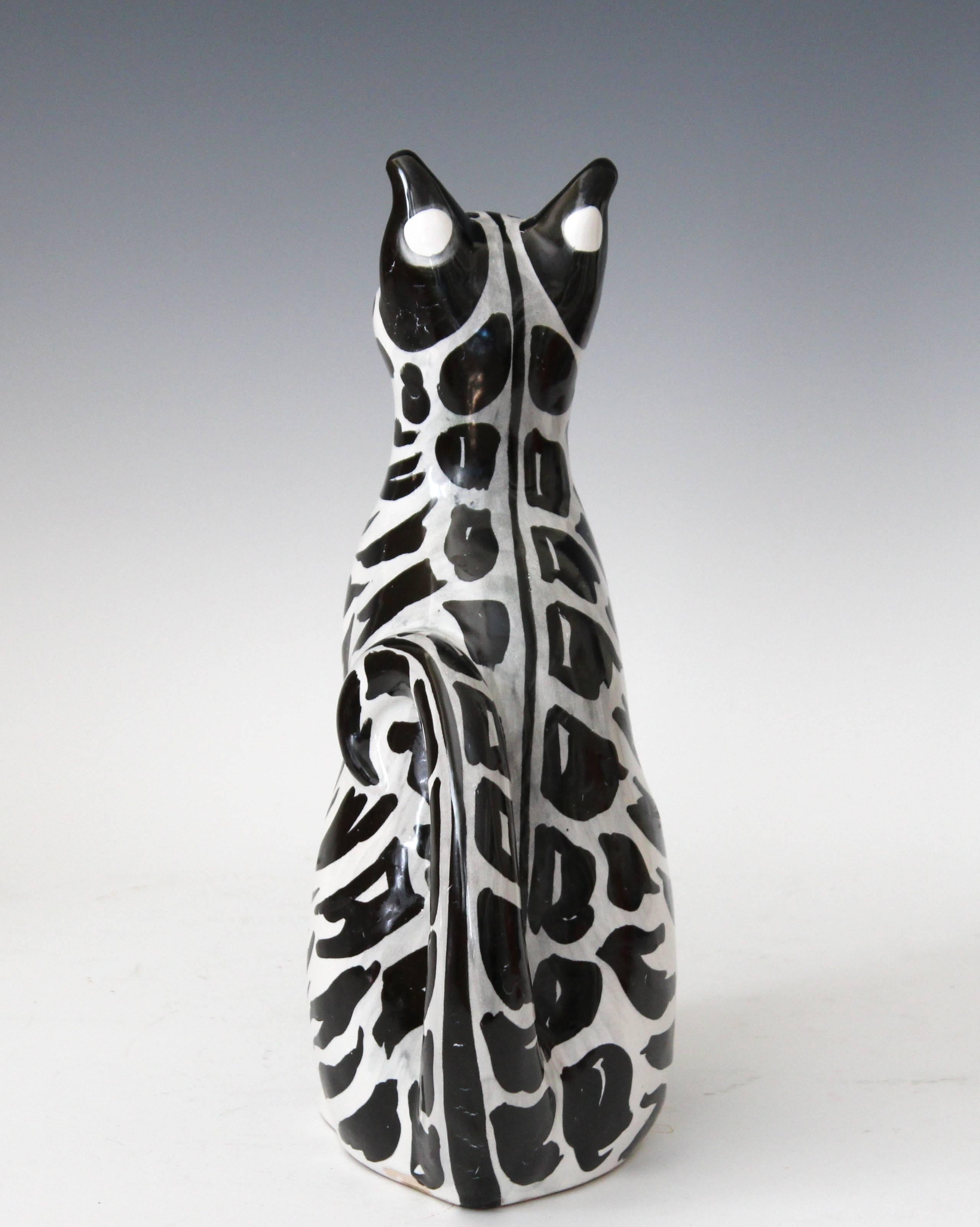 Mid-Century Modern 1960s Italian Black White Art Pottery Majolica Cat Figure Mancioli Raymor