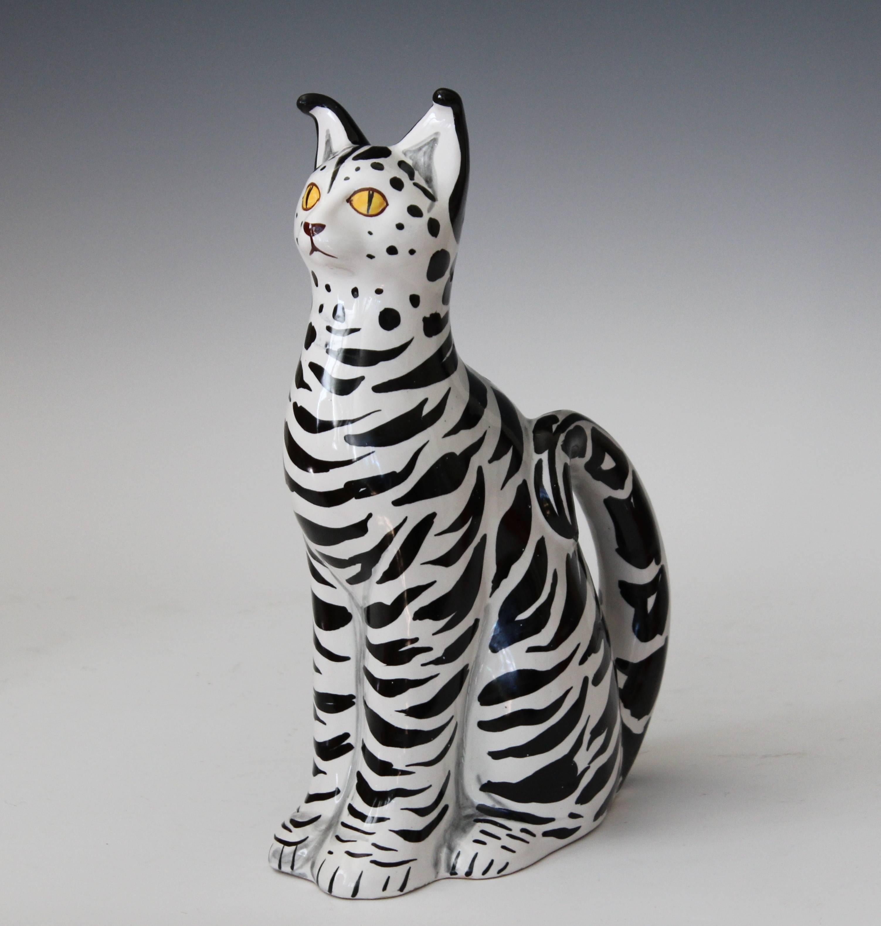 1960s Italian Black White Art Pottery Majolica Cat Figure Mancioli Raymor 1