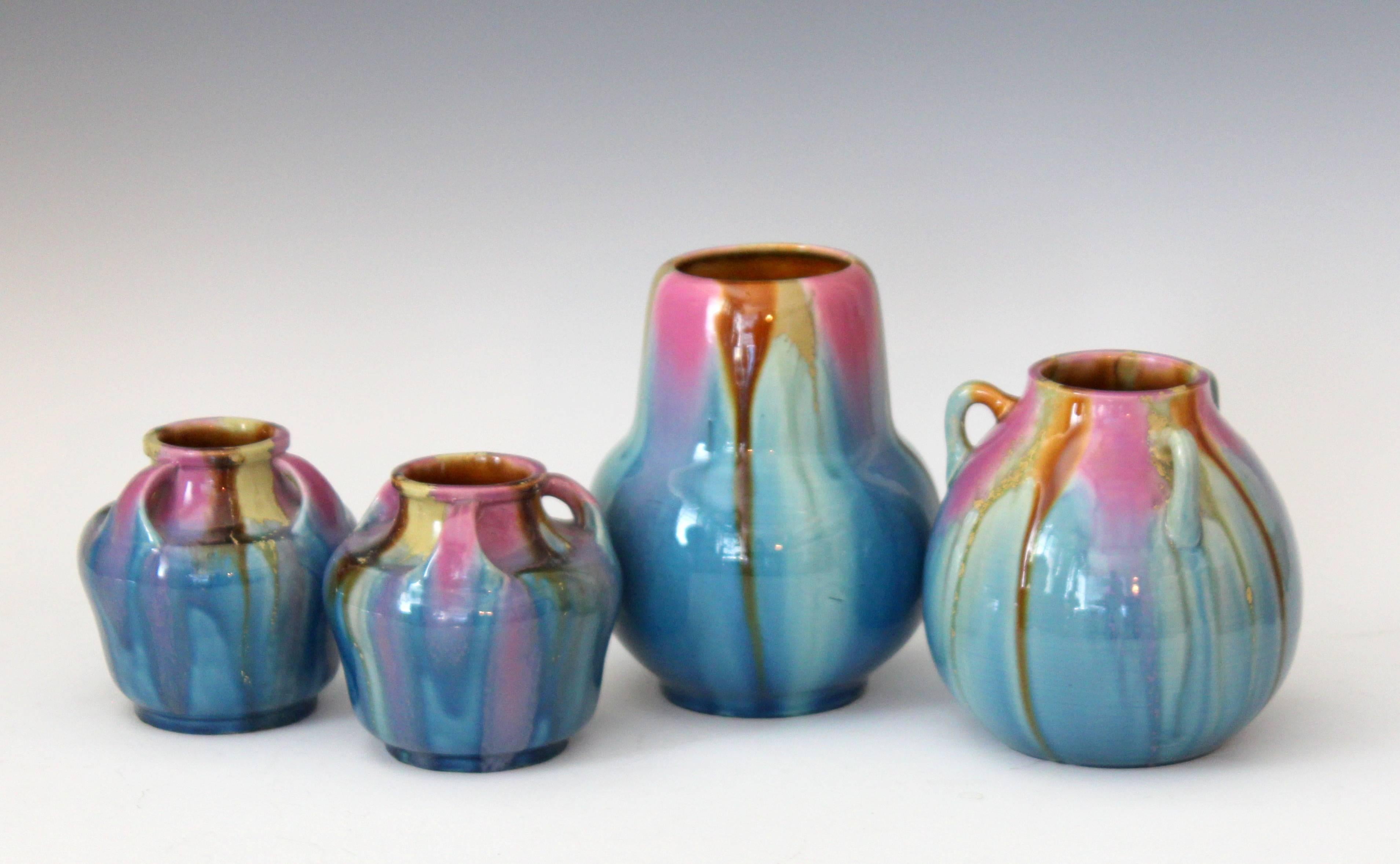 Awaji Pottery Art Deco Vase in Pink and Blue Flambe Glaze In Excellent Condition In Wilton, CT