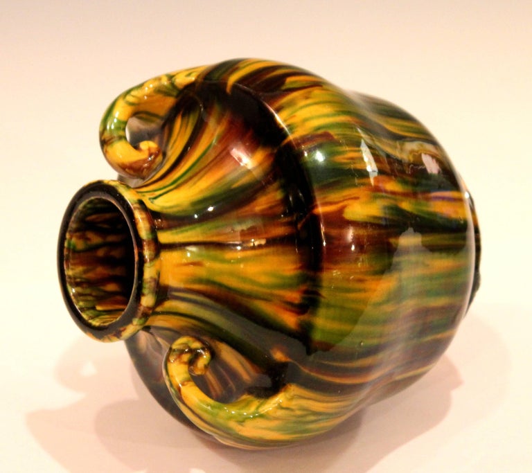 Awaji Pottery Art Deco Japanese Vintage Studio Vase in Yellow Flambe