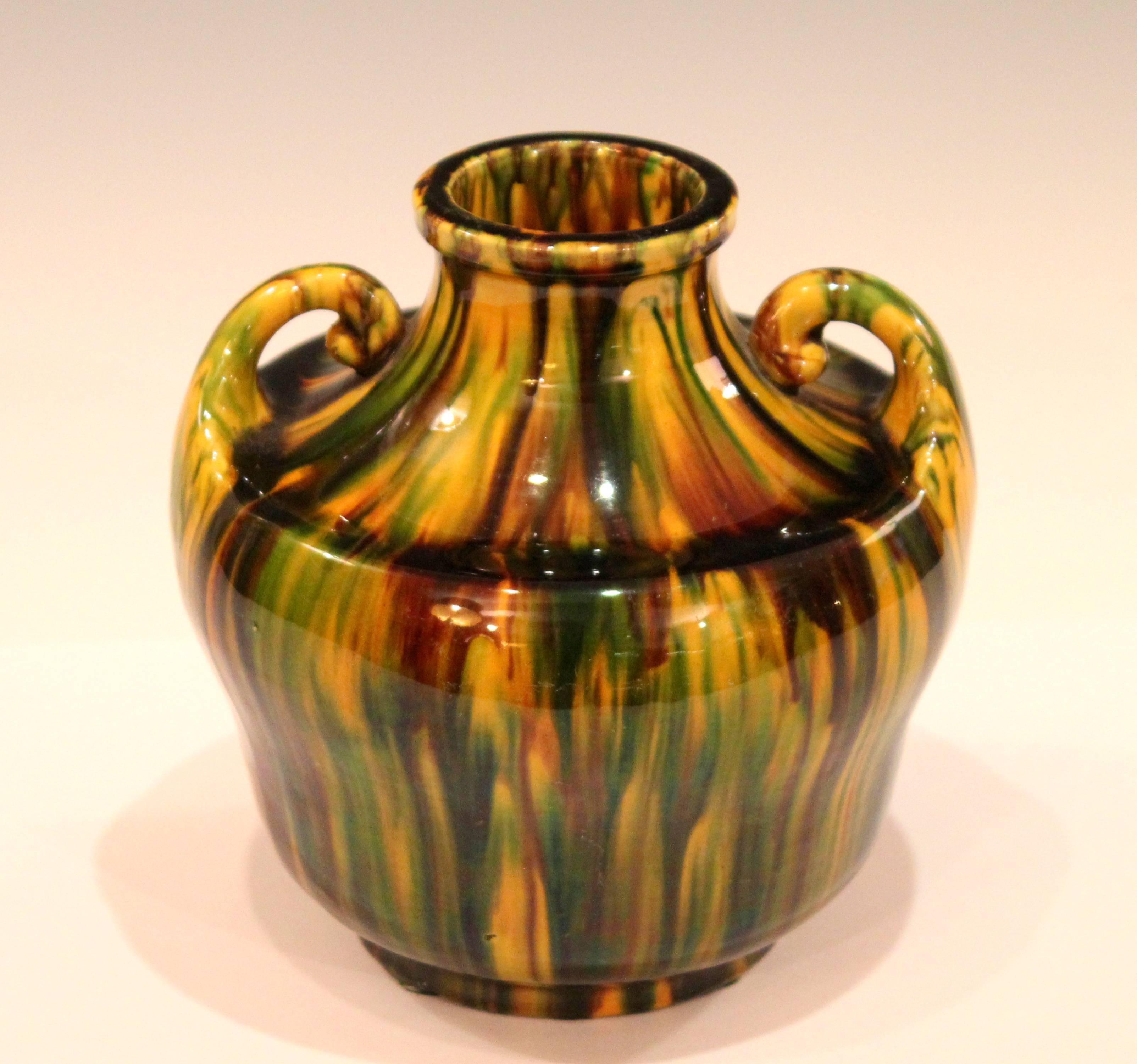 Mid-20th Century Awaji Pottery Art Deco Japanese Vintage Studio Vase in Yellow Flambe Glaze For Sale