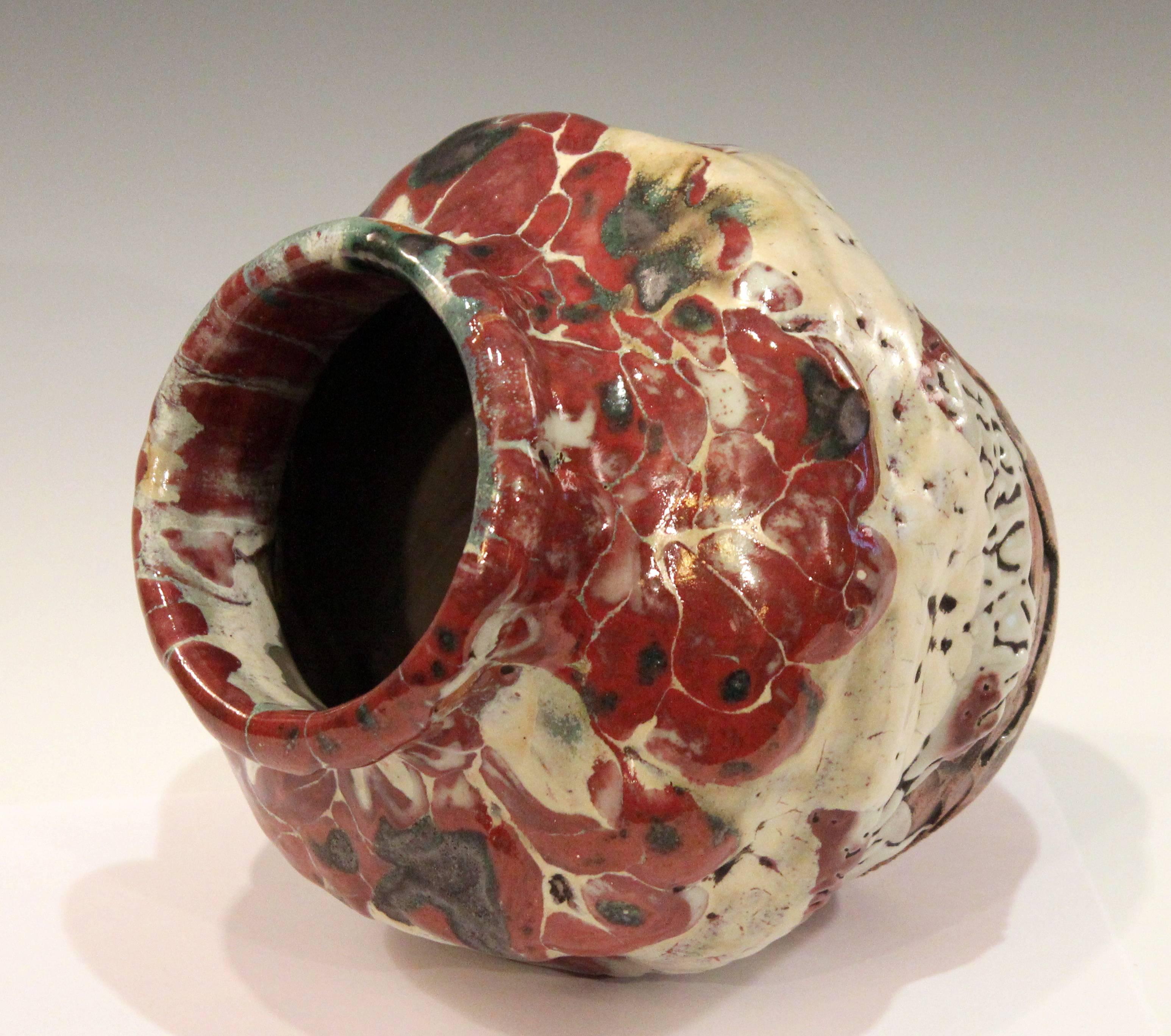 Expressionist Awaji Pottery Manipulated Jar with Crawling Lava Glaze