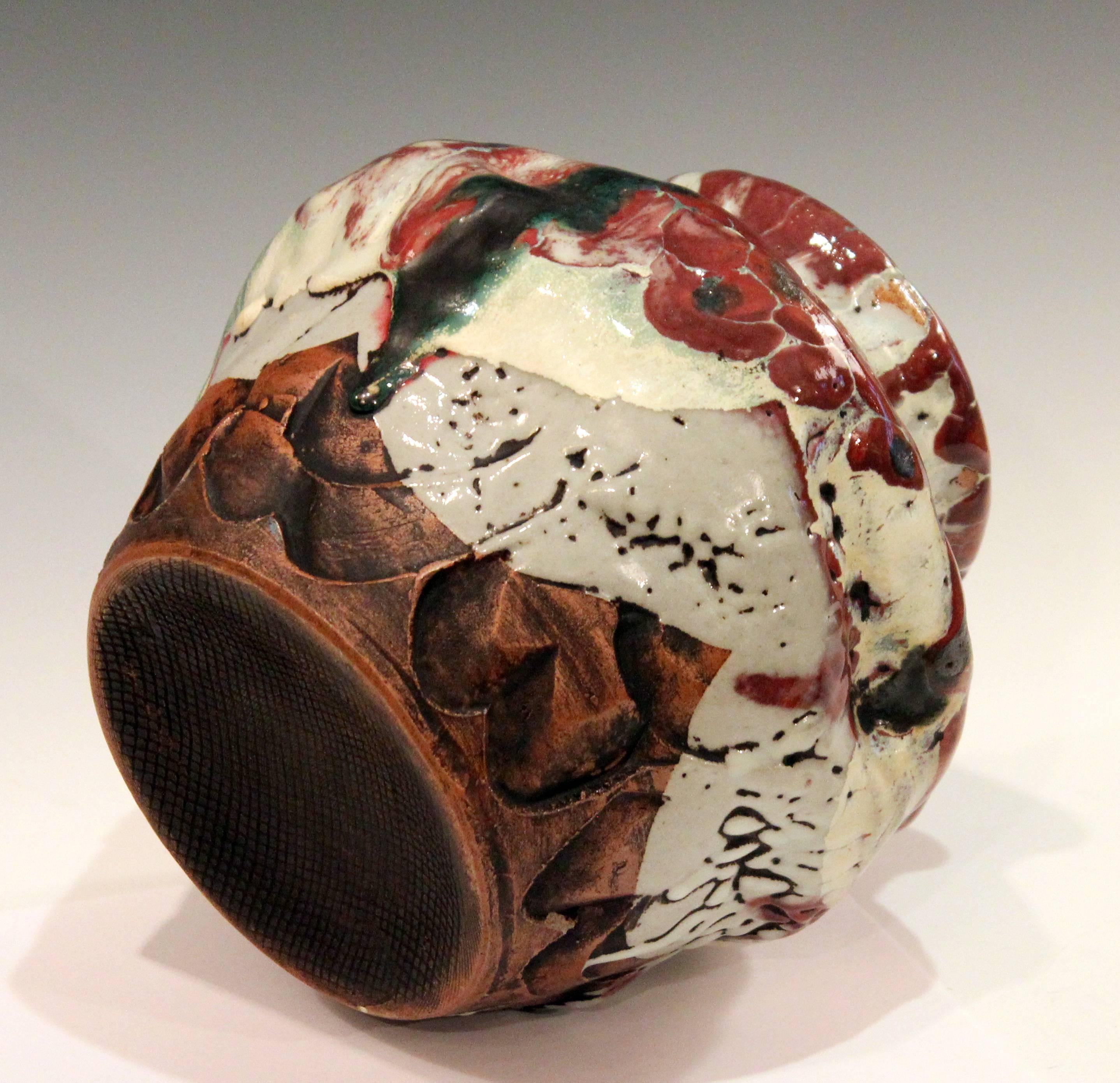 Japanese Awaji Pottery Manipulated Jar with Crawling Lava Glaze