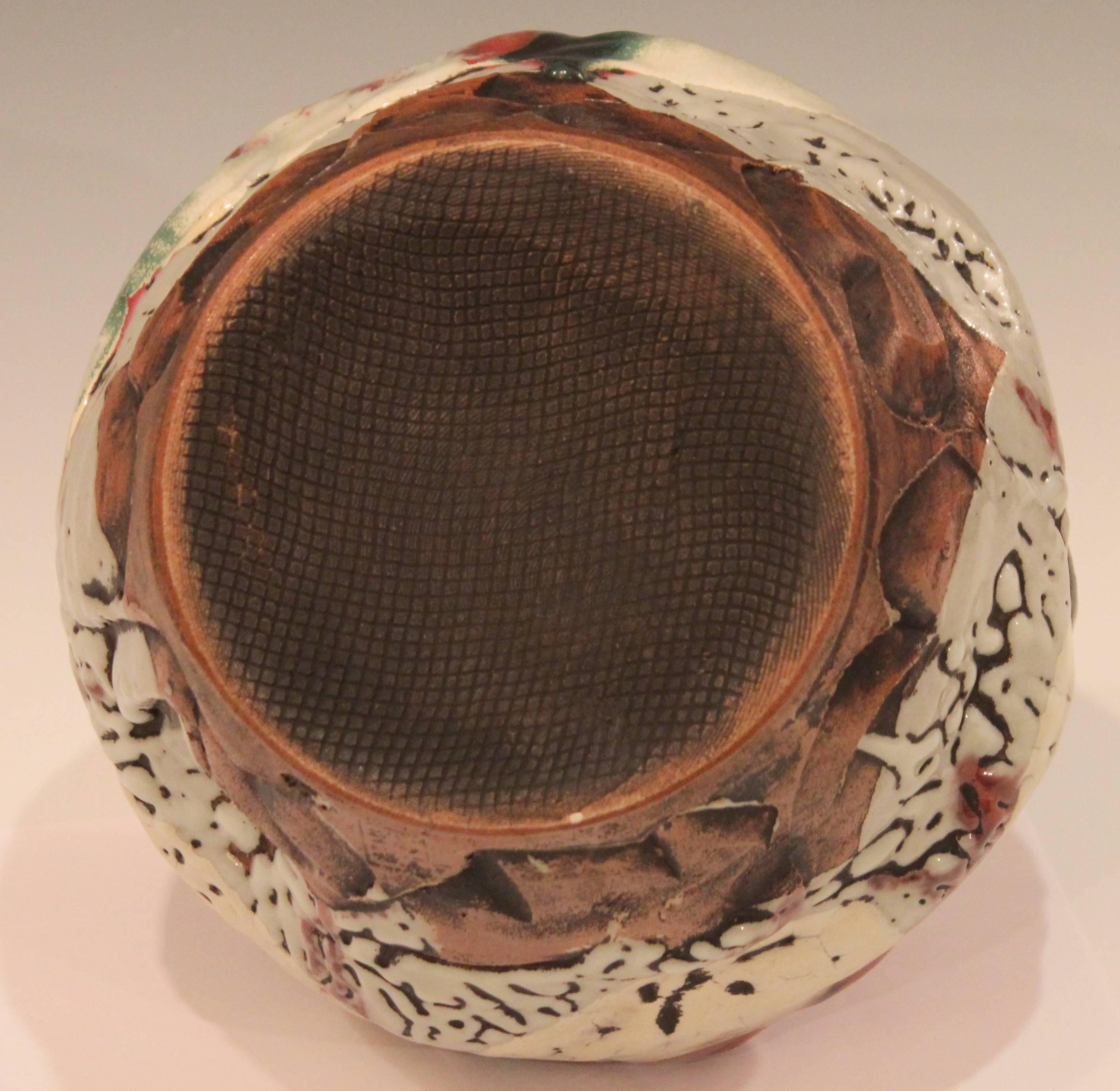 Turned Awaji Pottery Manipulated Jar with Crawling Lava Glaze