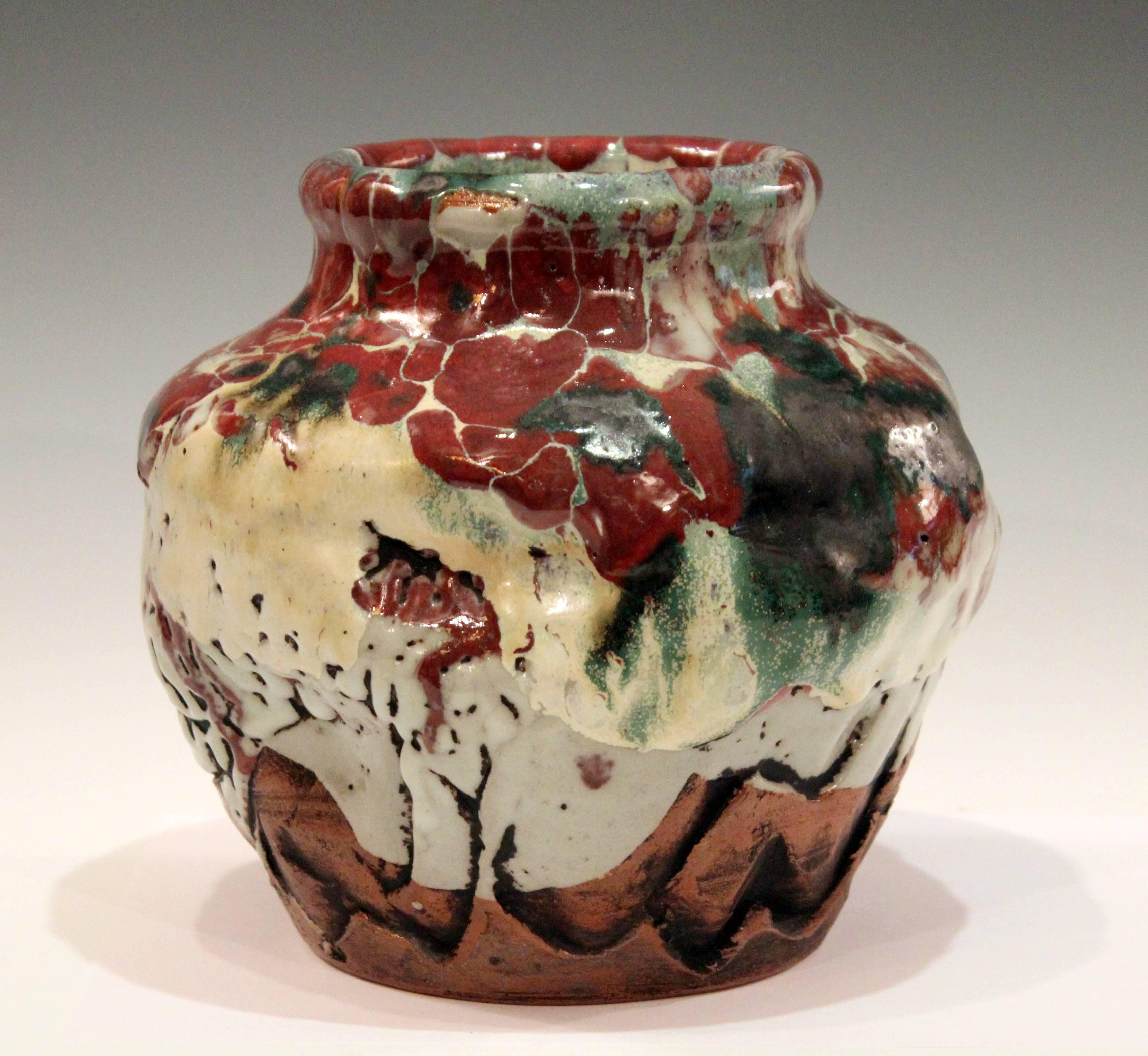 Stoneware Awaji Pottery Manipulated Jar with Crawling Lava Glaze