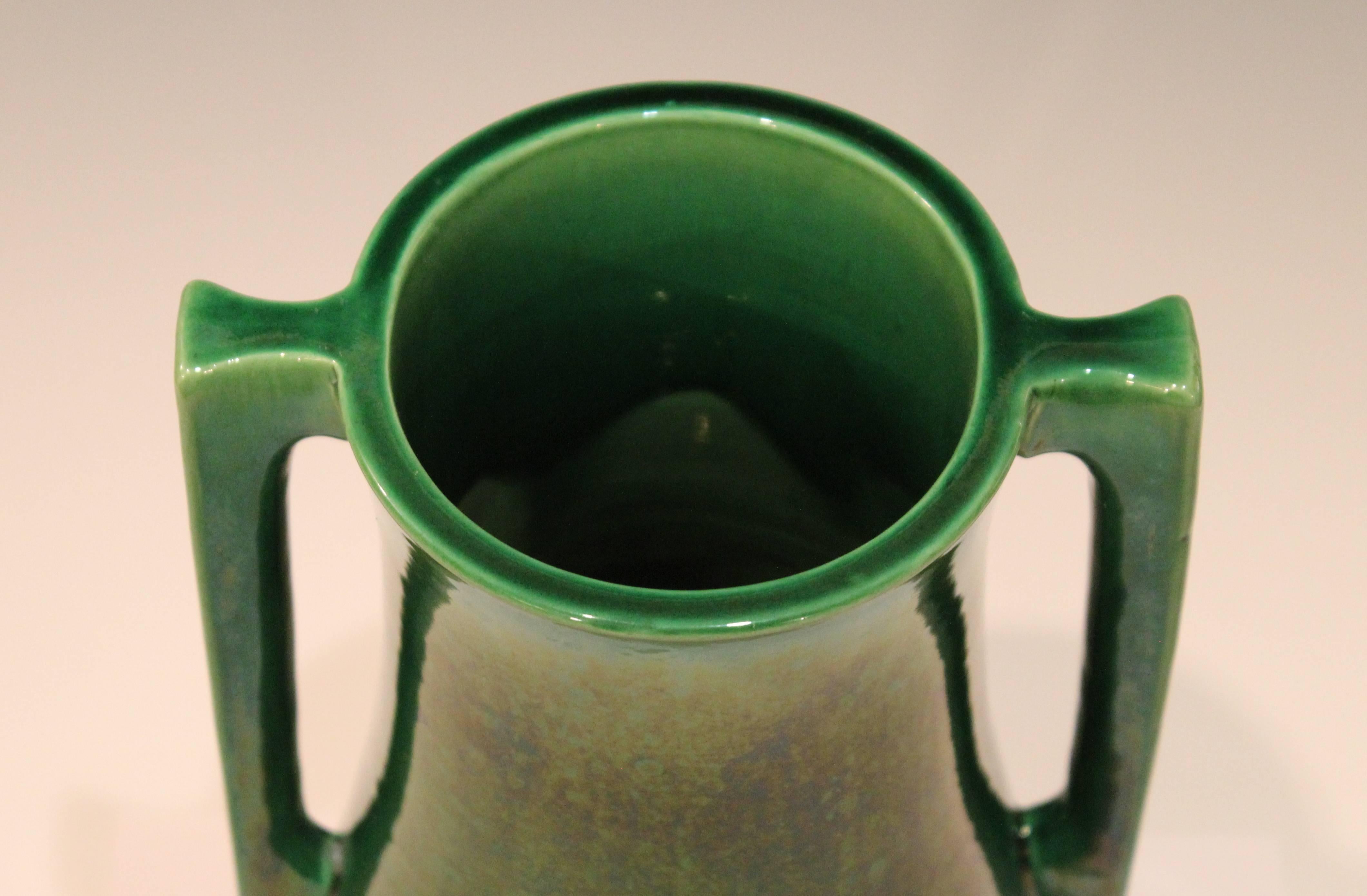 Awaji Pottery Architectural Buttress Handle Arts & Crafts Green Monochrome Vase In Excellent Condition In Wilton, CT