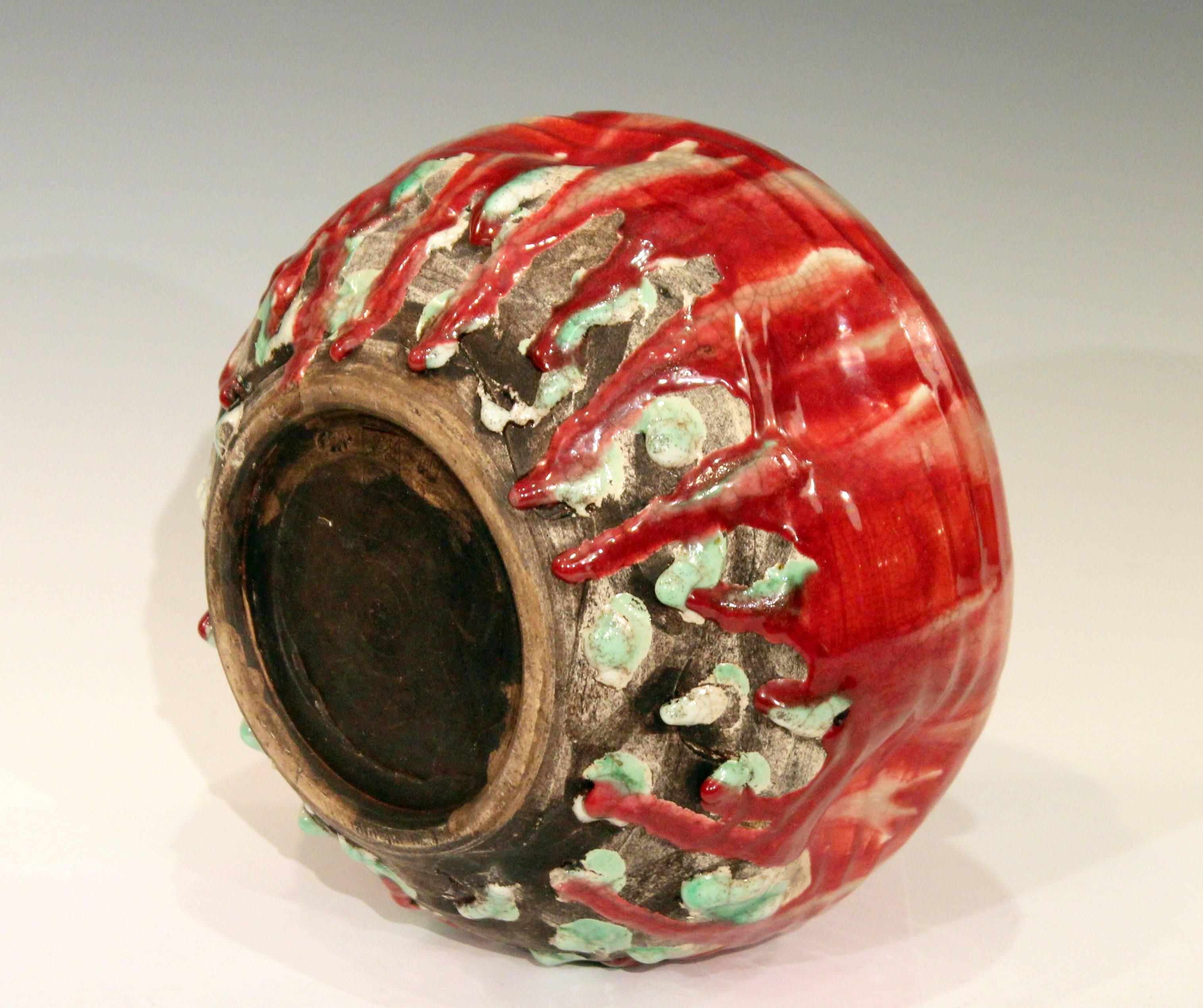 Modern Awaji Pottery Art Studio Japanese Manipulated Drip Flambe Glaze Jar Vase For Sale
