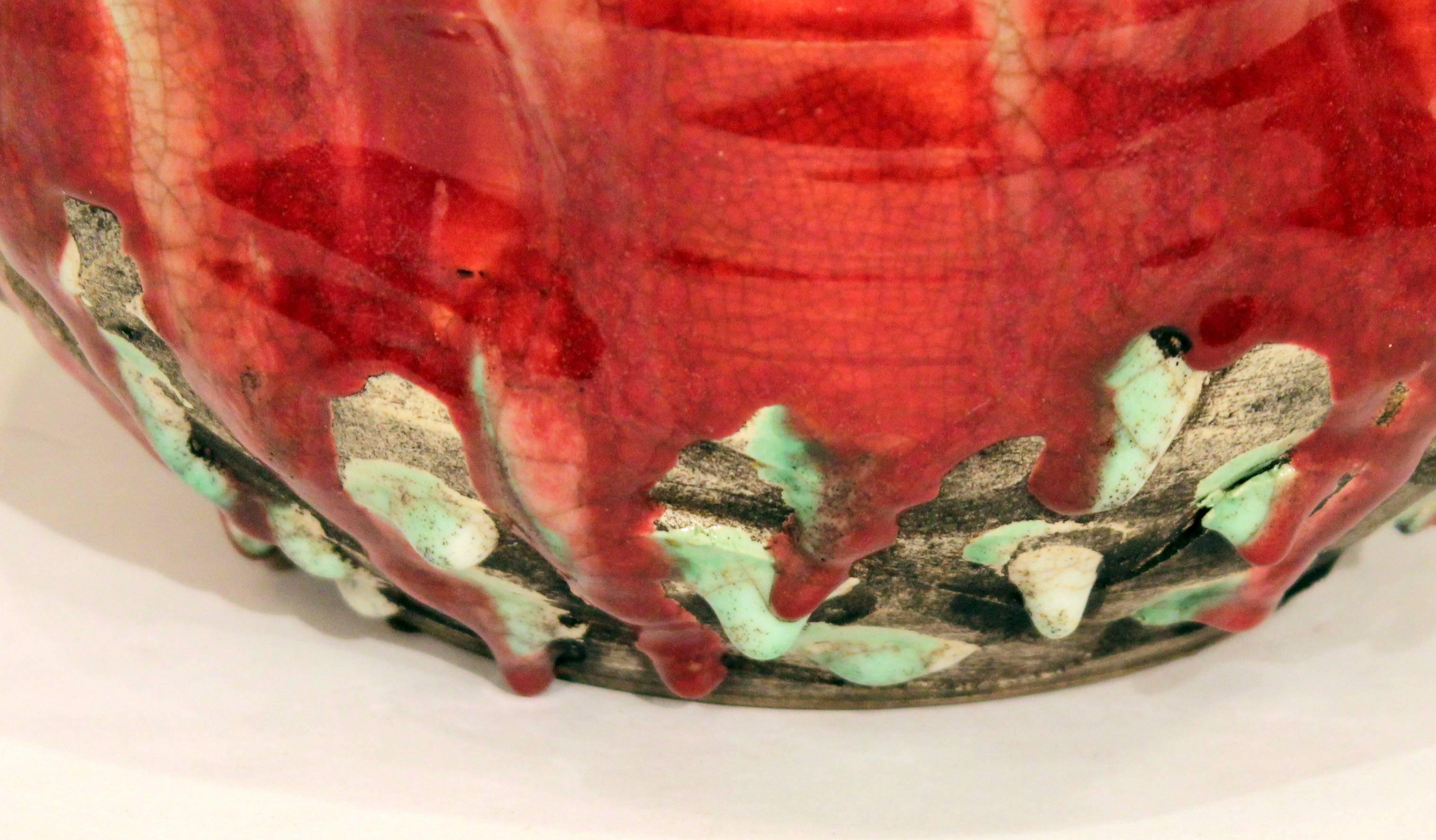 Mid-20th Century Awaji Pottery Art Studio Japanese Manipulated Drip Flambe Glaze Jar Vase For Sale