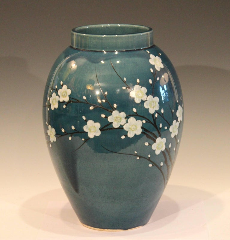 Antique Awaji Pottery Japanese Prunus Cherry Blossom Signed Ikebana