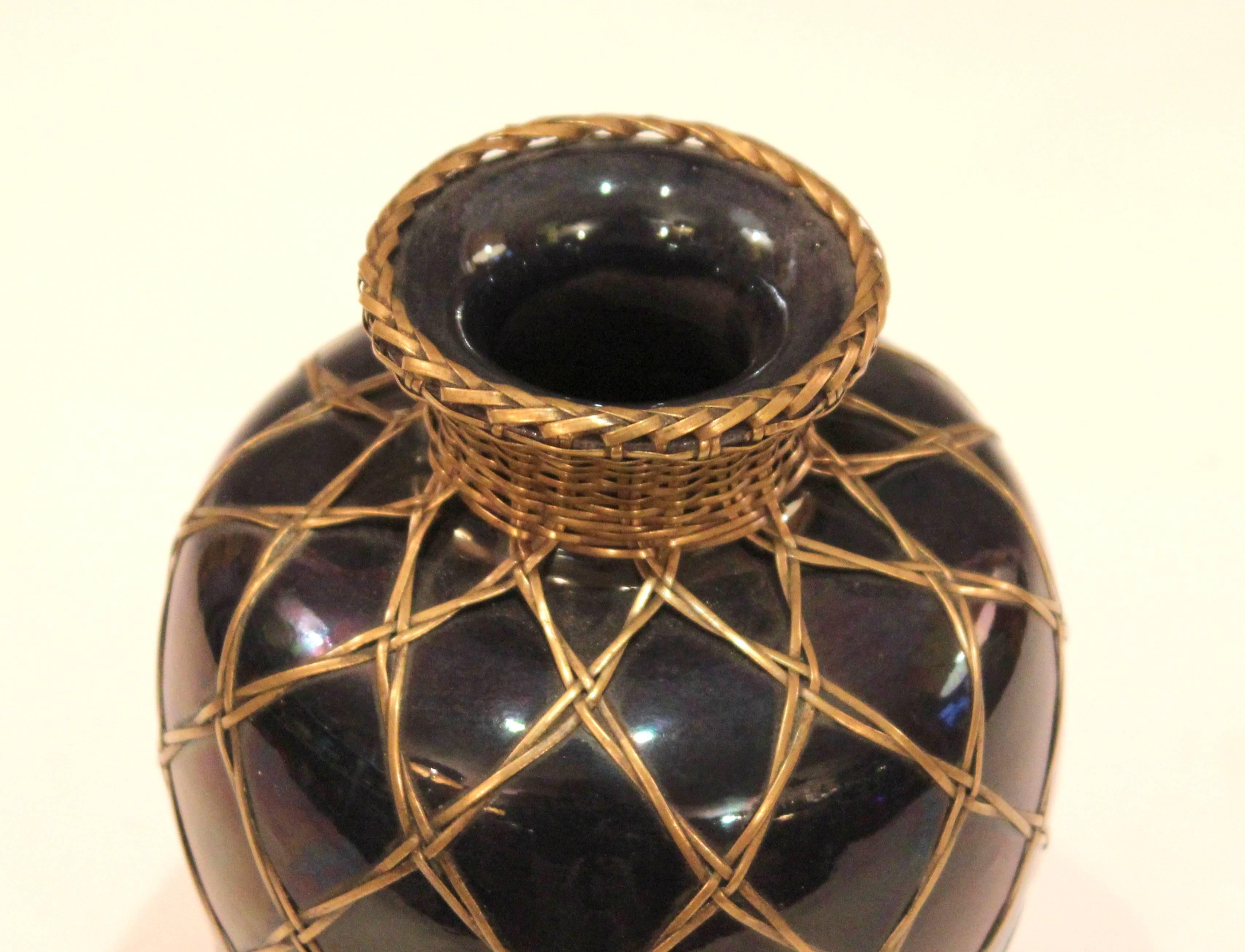 Antique Awaji Pottery Aubergine Monochrome Meiping Form Bronze Weave Signed In Excellent Condition In Wilton, CT