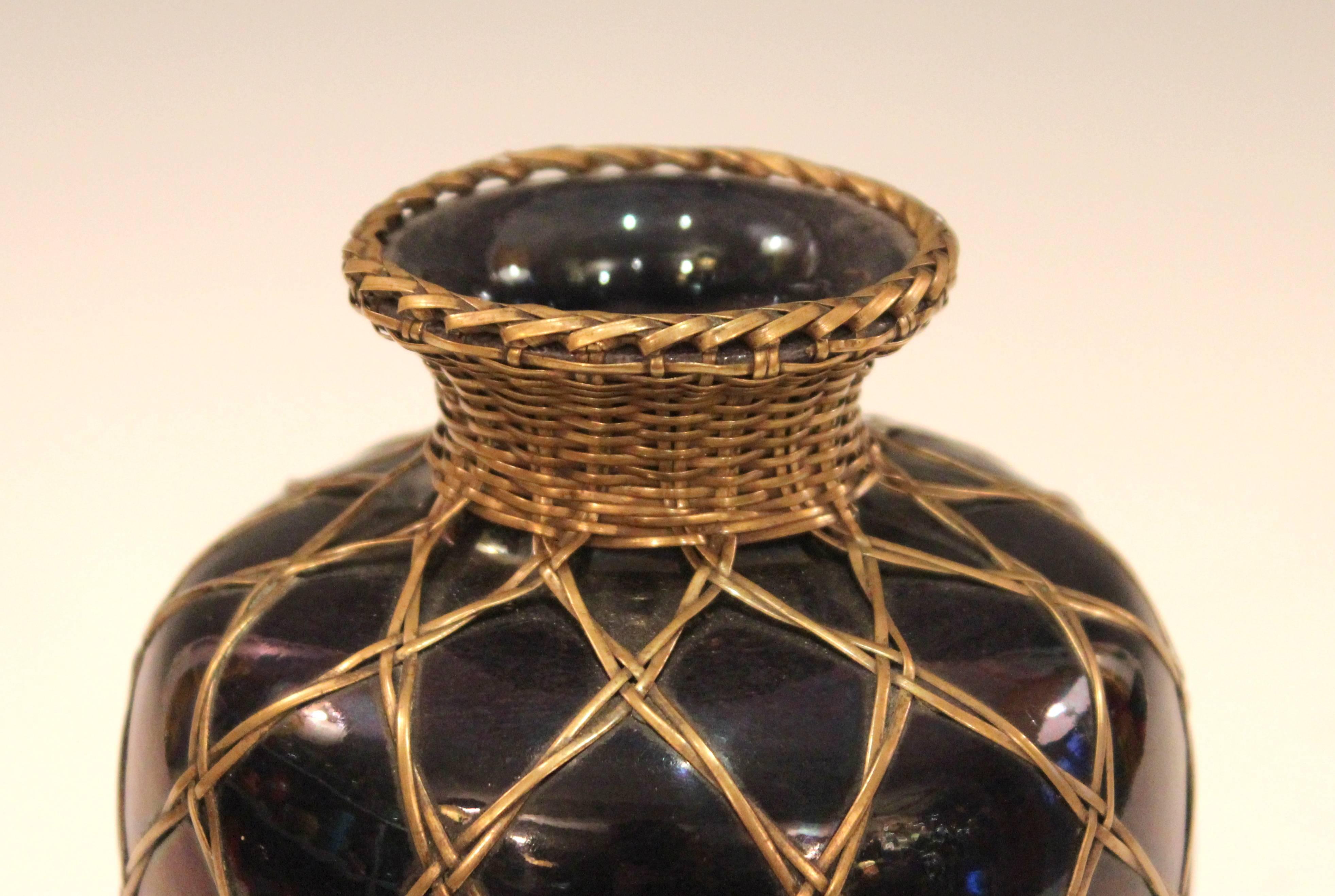 Early 20th Century Antique Awaji Pottery Aubergine Monochrome Meiping Form Bronze Weave Signed