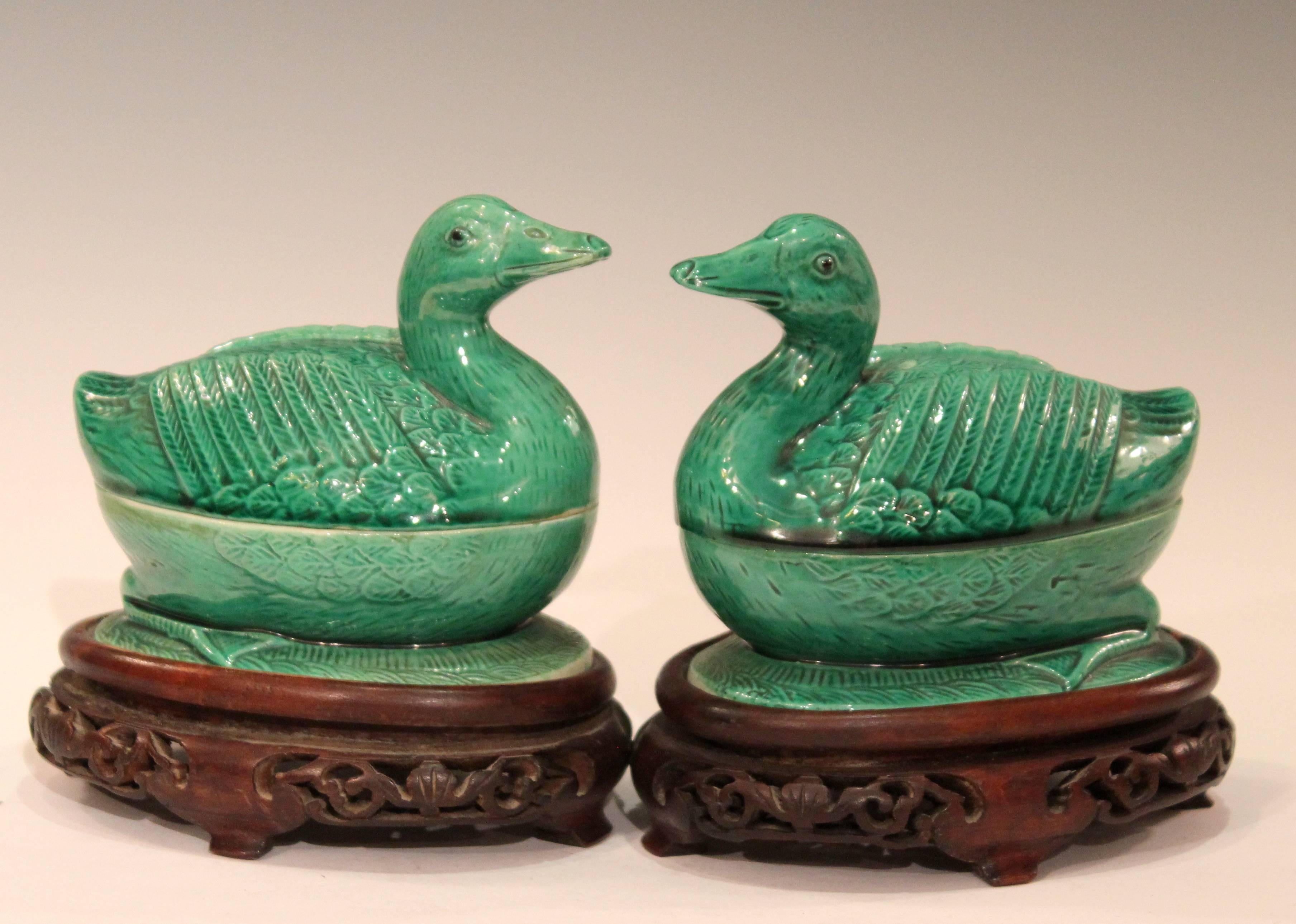 Pair of old Chinese porcelain duck figure boxes on custom stands, circa early 20th century, Republican period. True pair with heads tilted in opposite directions and expertly rendered with sharp detail and great green crackle glaze. Measure: 5"