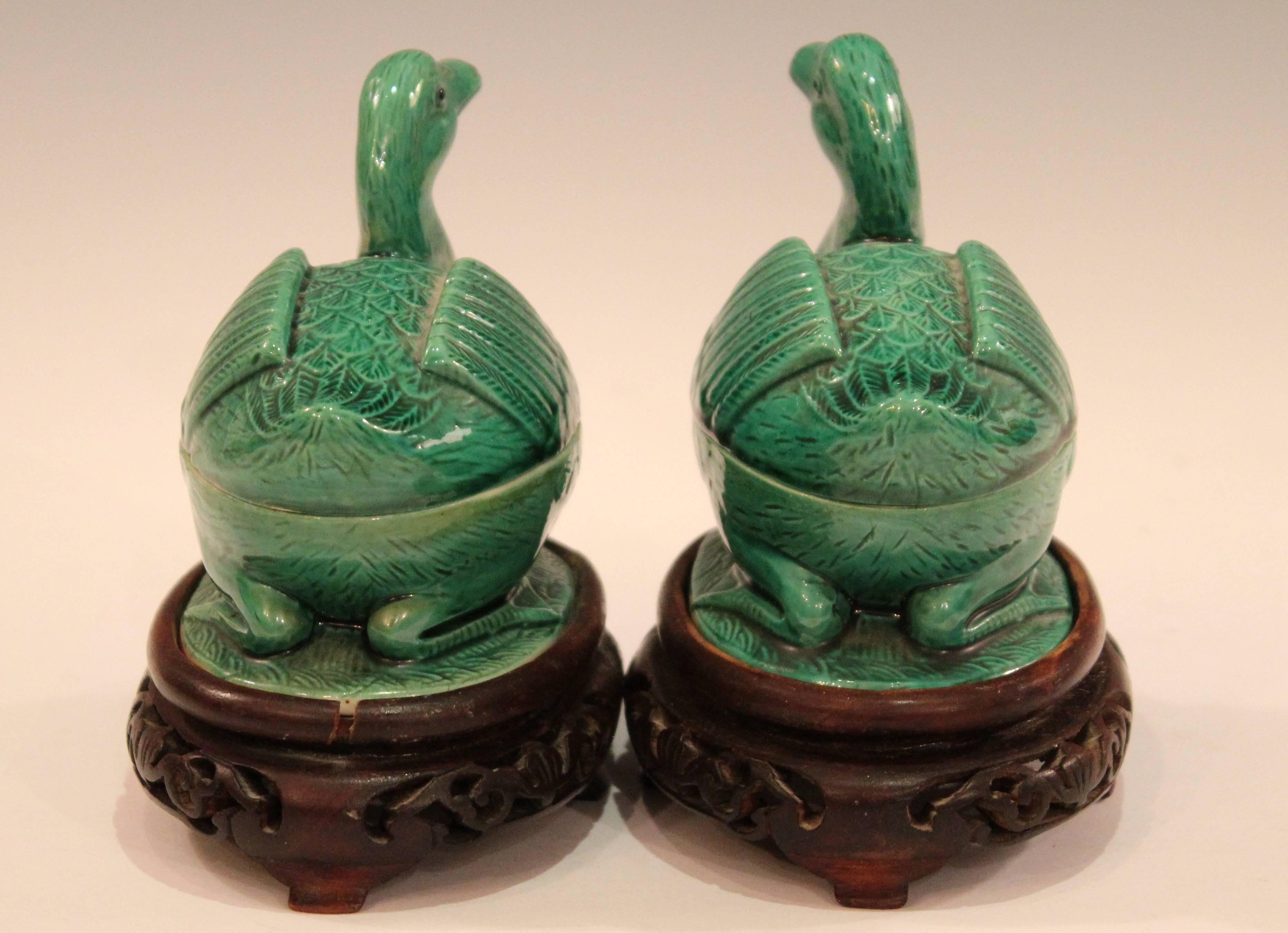 20th Century Pair of Chinese Porcelain Bird Figure Covered Boxes Ducks Geese Marked
