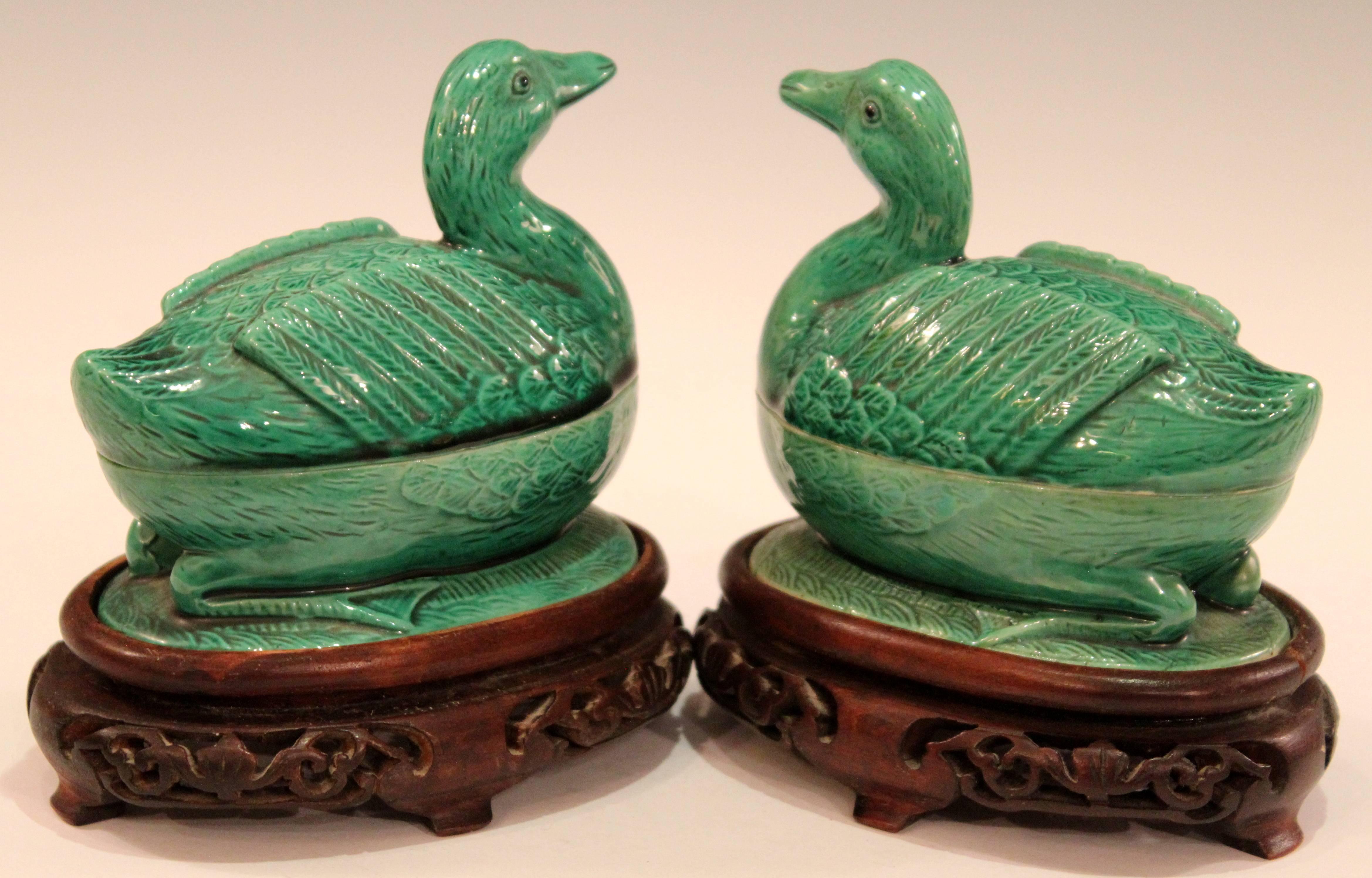 Pair of Chinese Porcelain Bird Figure Covered Boxes Ducks Geese Marked 1