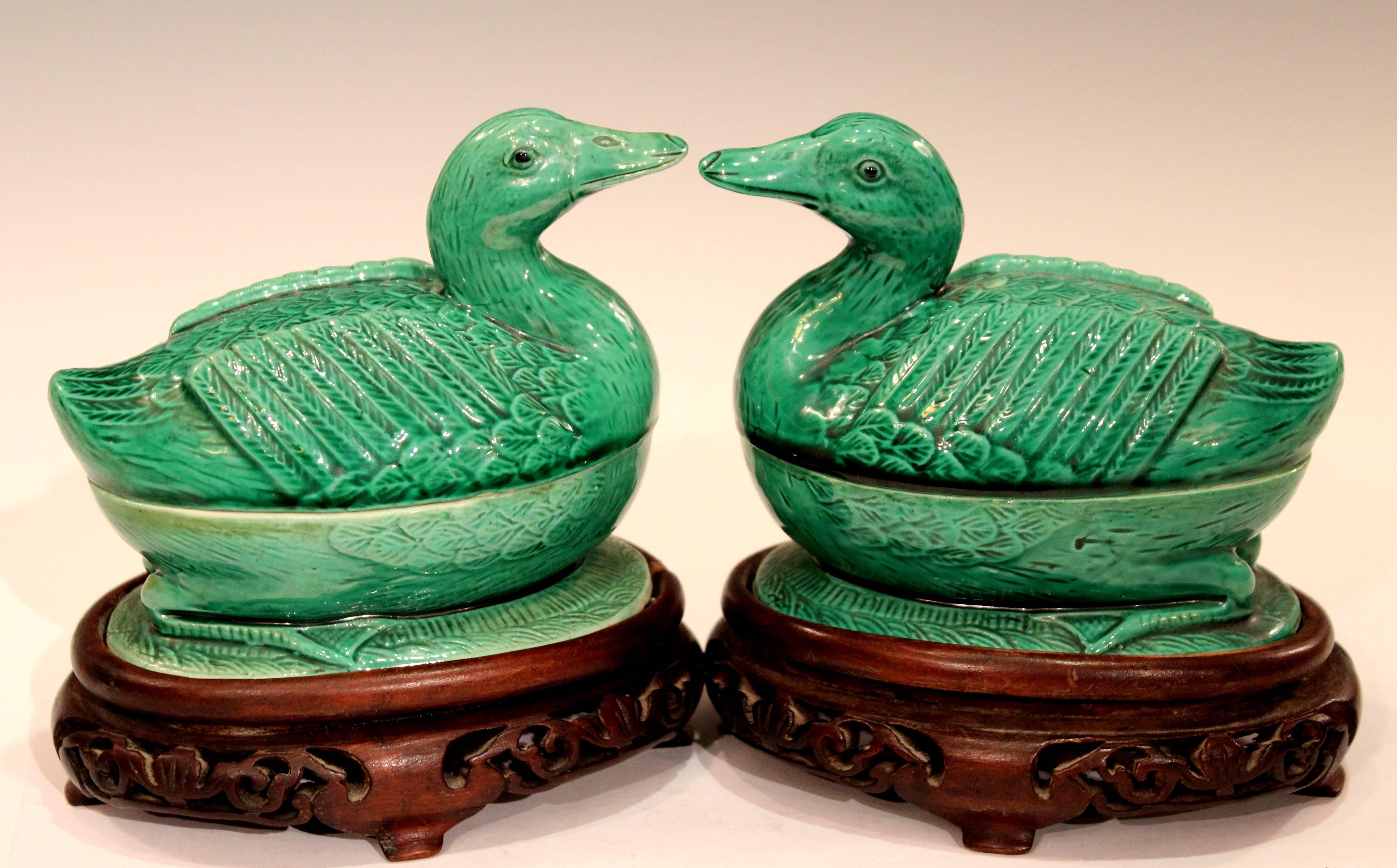 Pair of Chinese Porcelain Bird Figure Covered Boxes Ducks Geese Marked 5