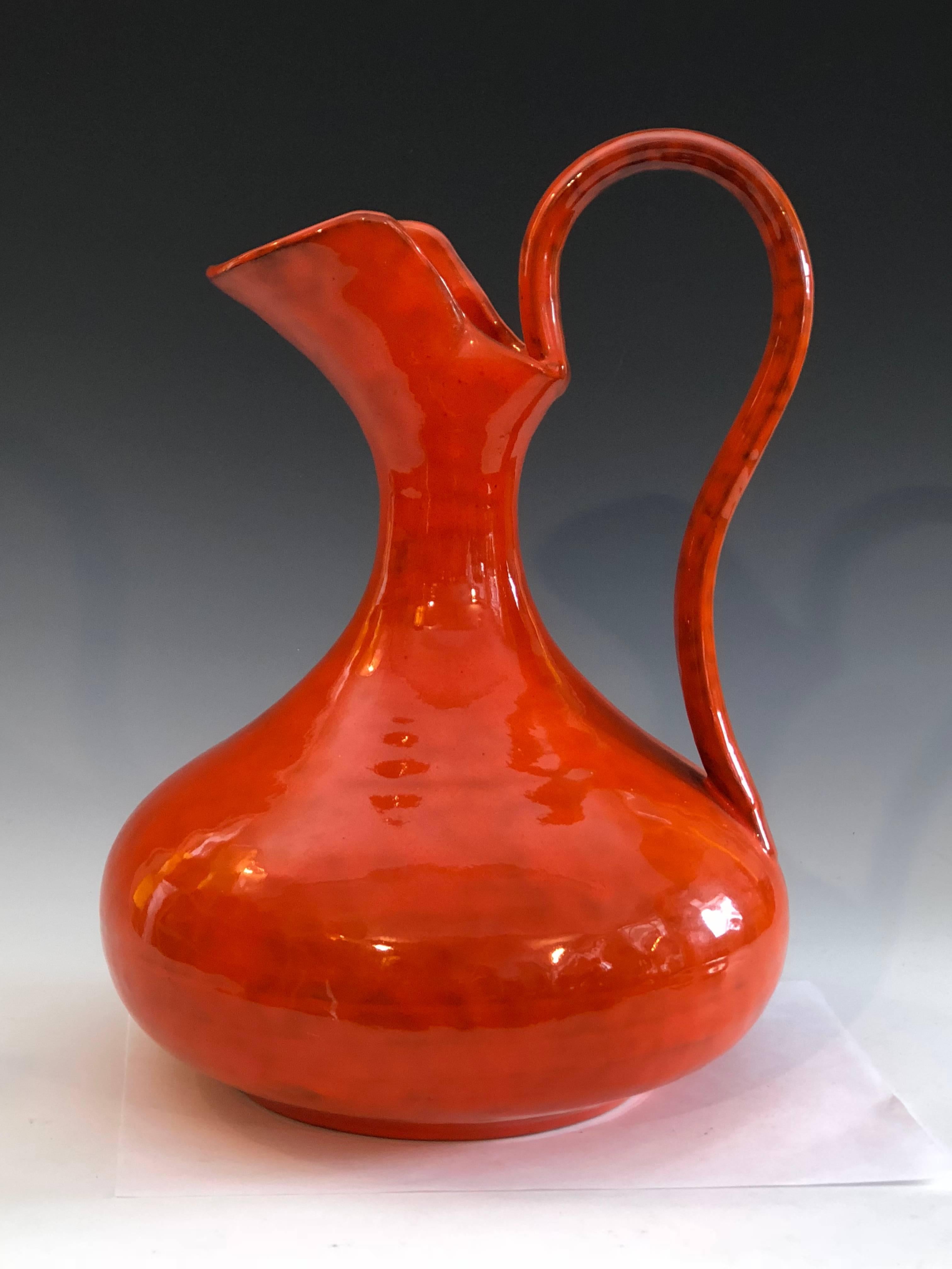 Mid-20th Century Italica Ars Italian Pottery Atomic Orange Pitcher Bitossi Raymor Vase