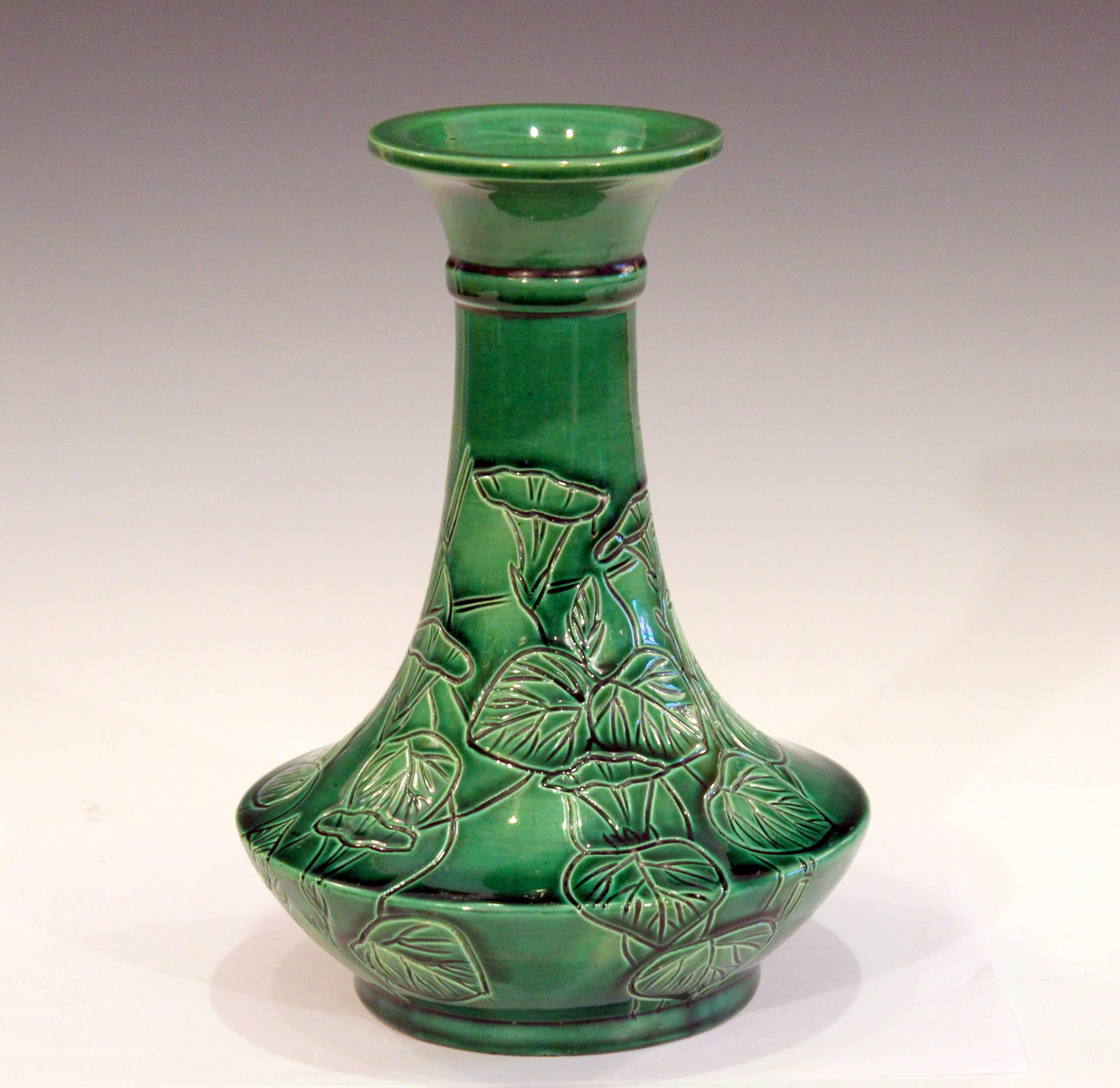 Early 20th Century Antique Awaji Pottery Japanese Green Monochrome Bottle Vase Incised Bell Flowers For Sale