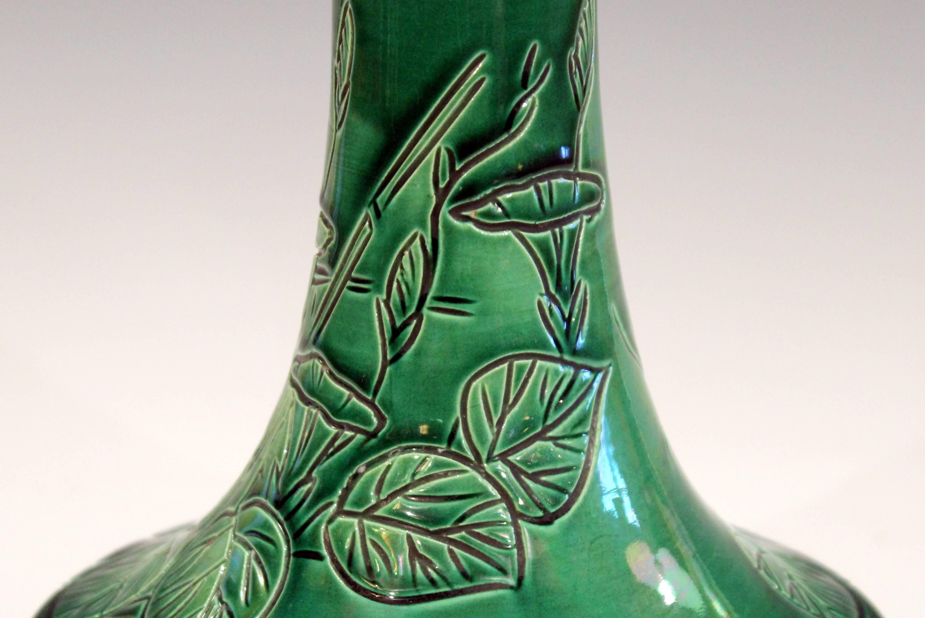 Turned Antique Awaji Pottery Japanese Green Monochrome Bottle Vase Incised Bell Flowers For Sale