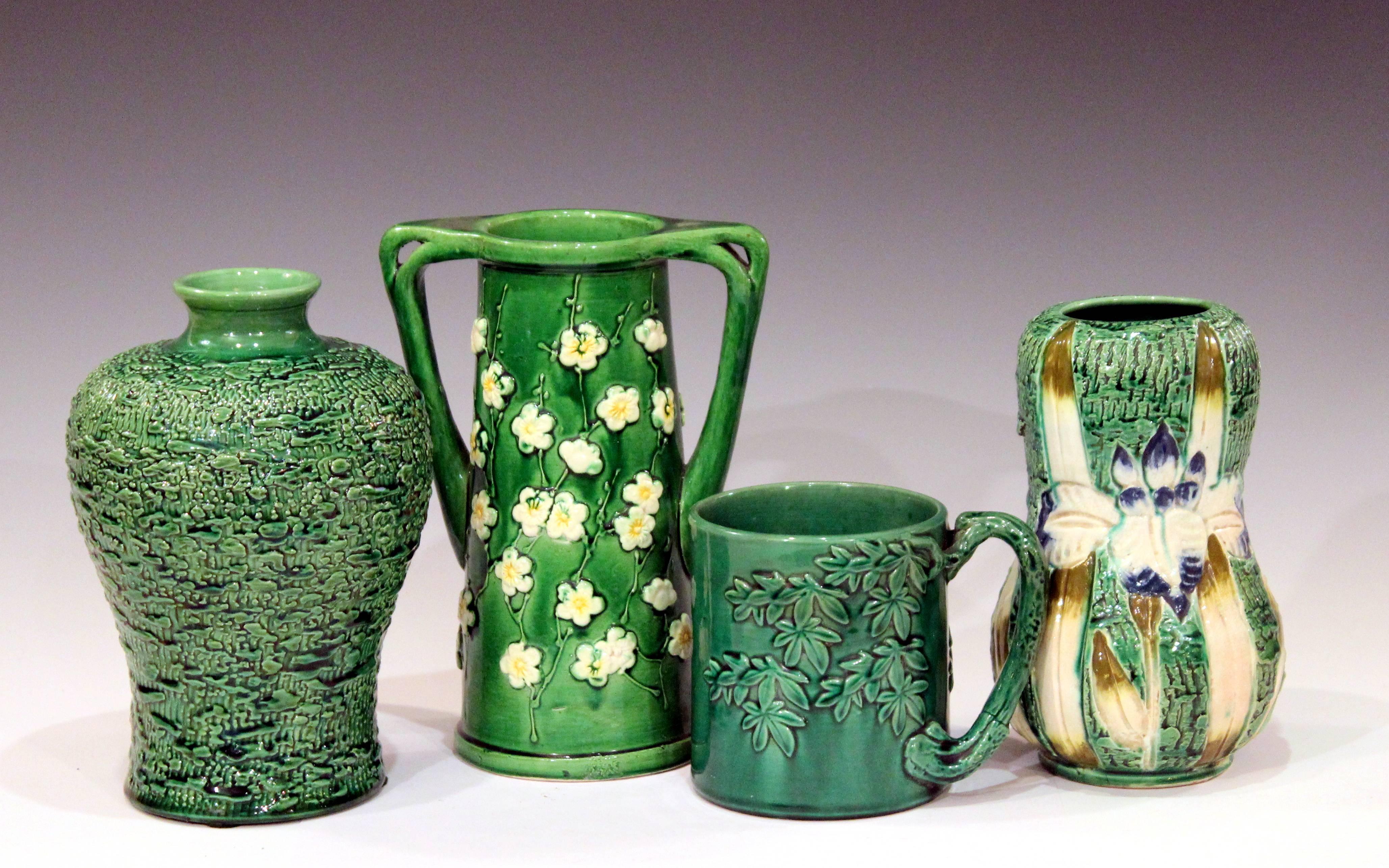 Antique Awaji Pottery Japanese Green Monochrome Bottle Vase Incised Bell Flowers For Sale 1