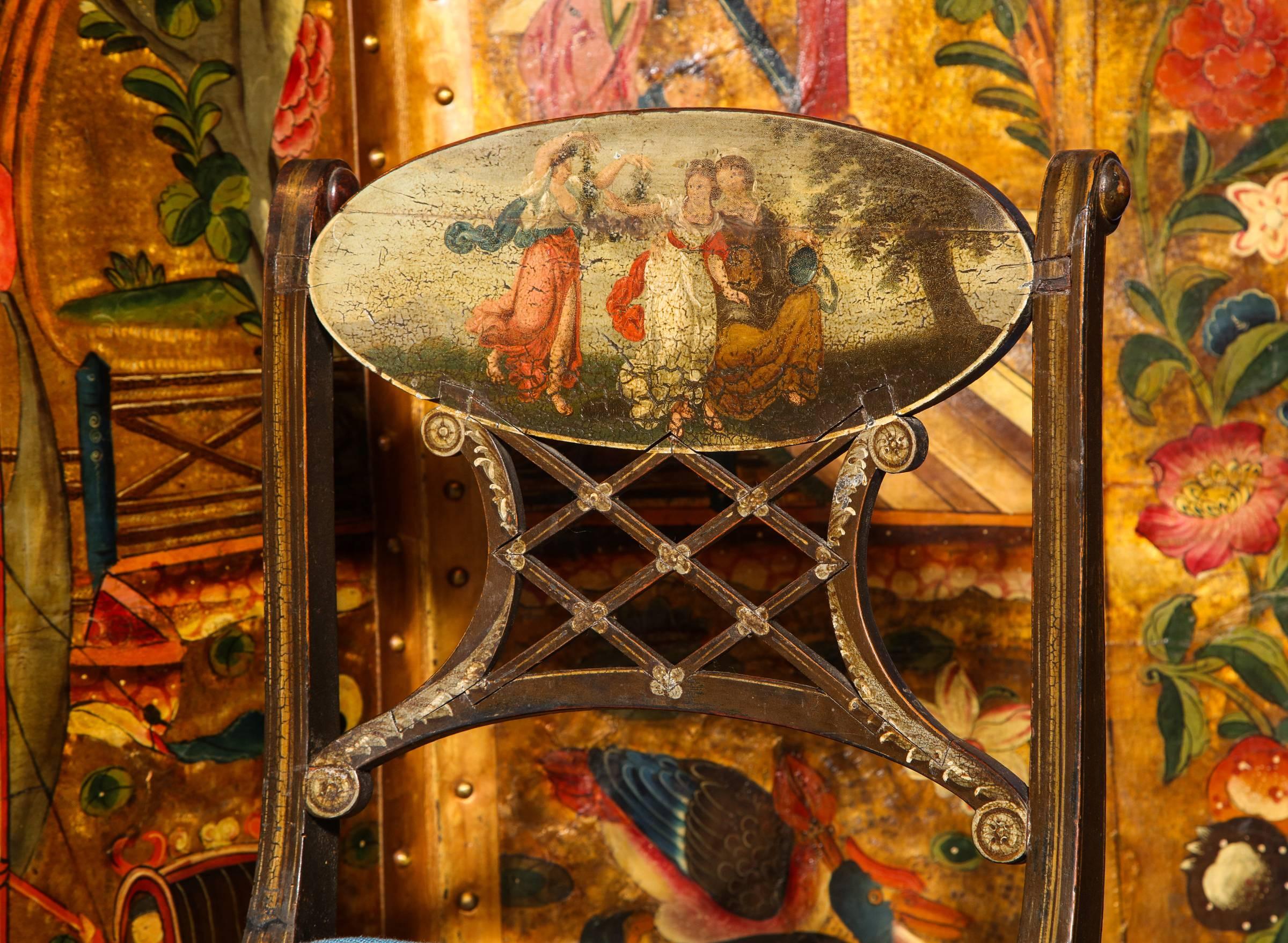 Hand-Carved Sheraton Polychrome Faux Rosewood  Side Chairs, English, circa 1795 For Sale