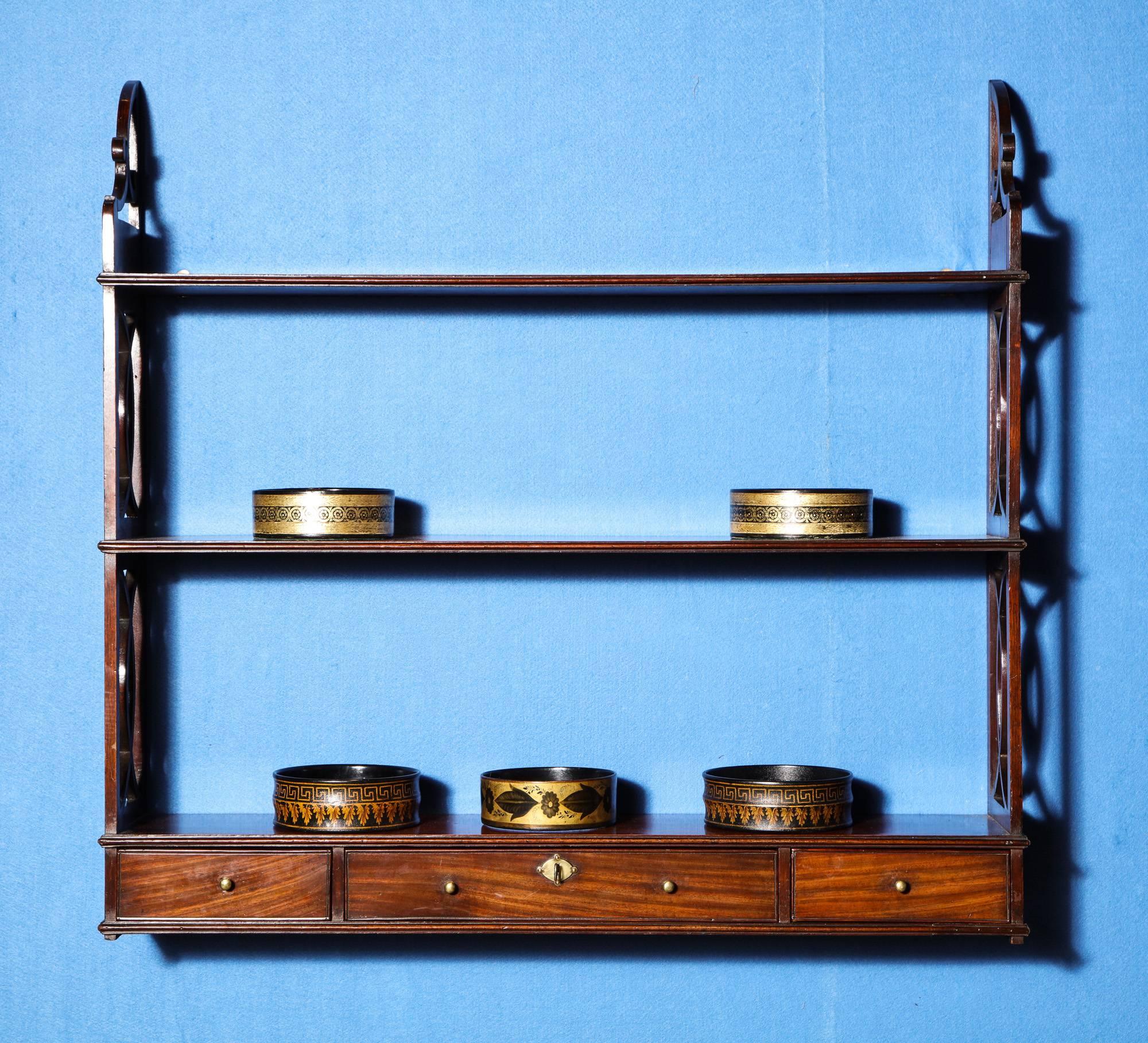 Hand-Carved Chinese Chippendale Mahogany Hanging Shelves, English, circa 1765 For Sale