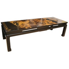 18th Century Chinese Black Lacquer Panel Custom Mounted Coffee Table, In Stock