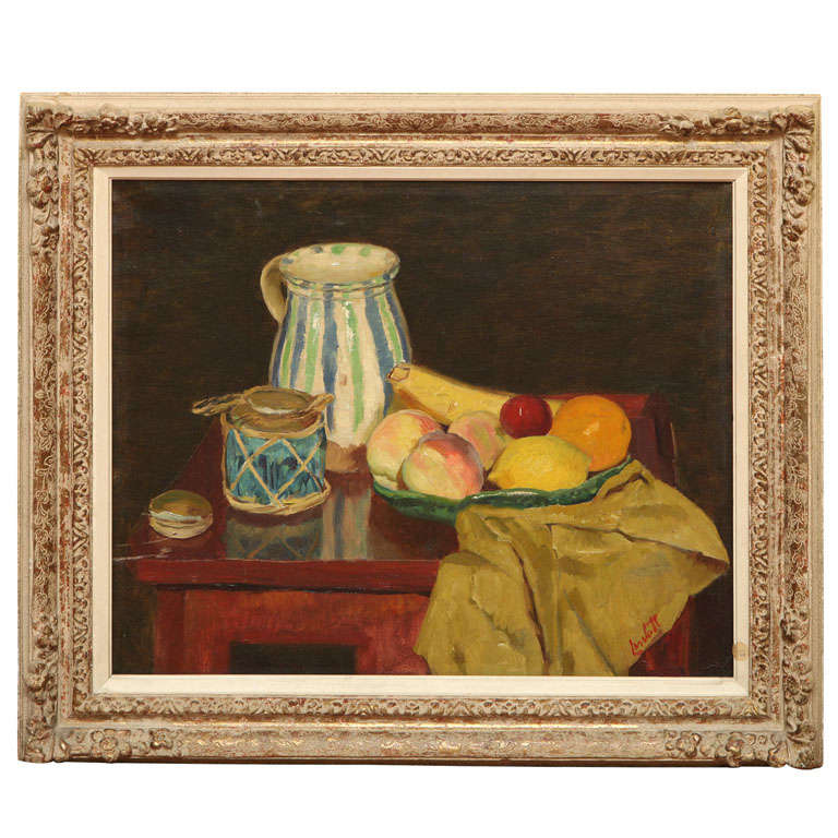 Oil on Canvas Still Life Fruit and Pitcher, Edward Barnard Lintott, circa 1935 For Sale